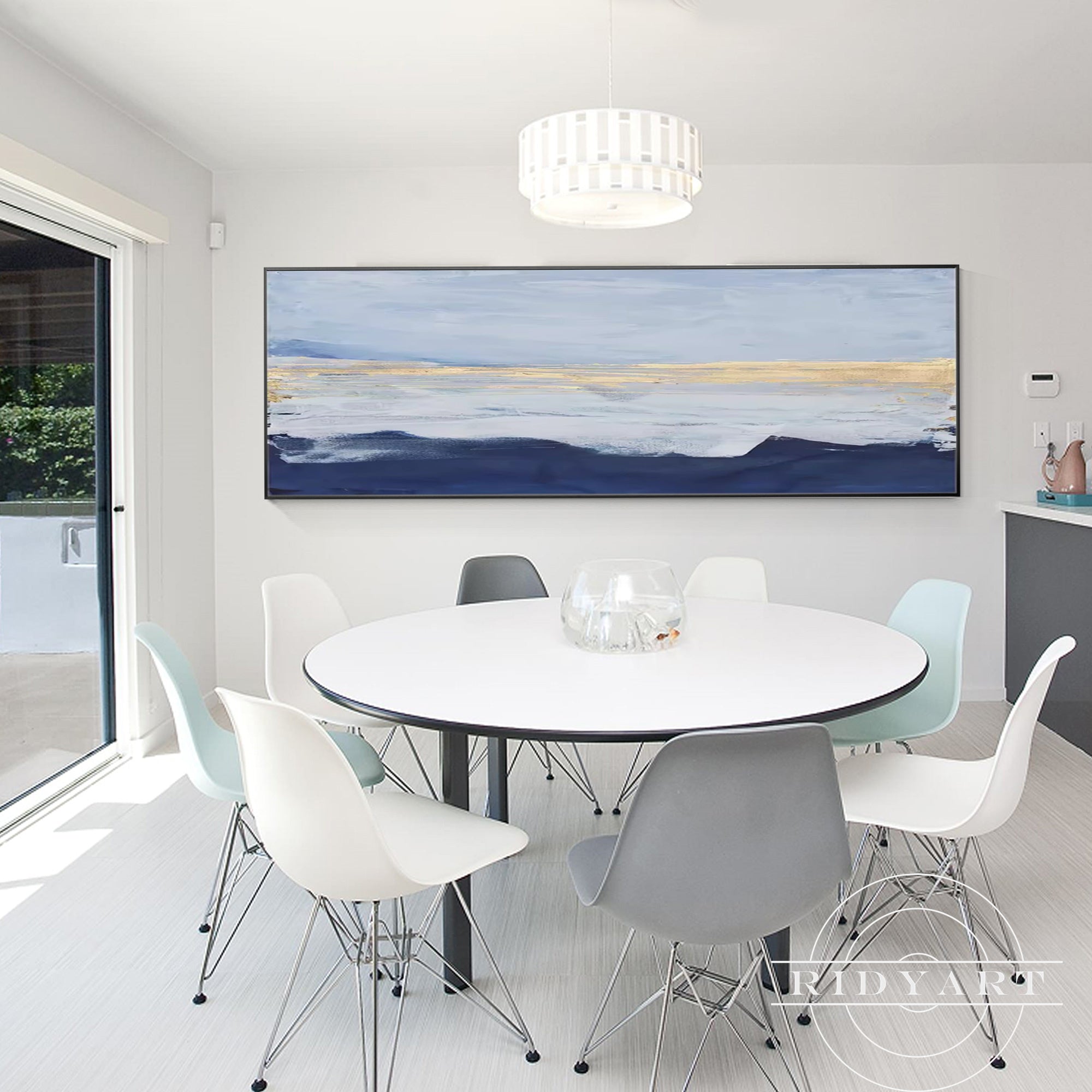 Large contemporary navy gold wall art with textured brush strokes
