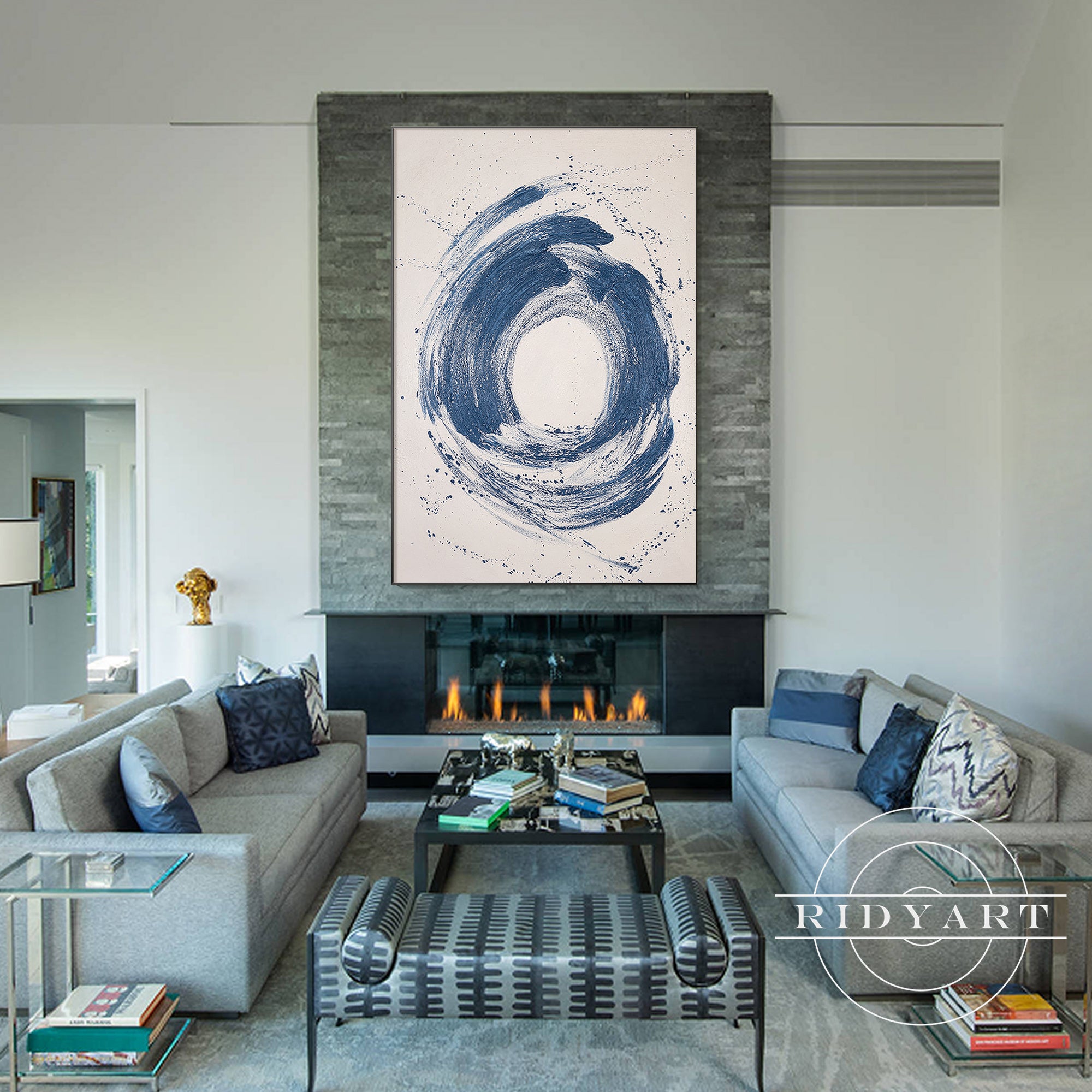 Large navy abstract textured wall art
