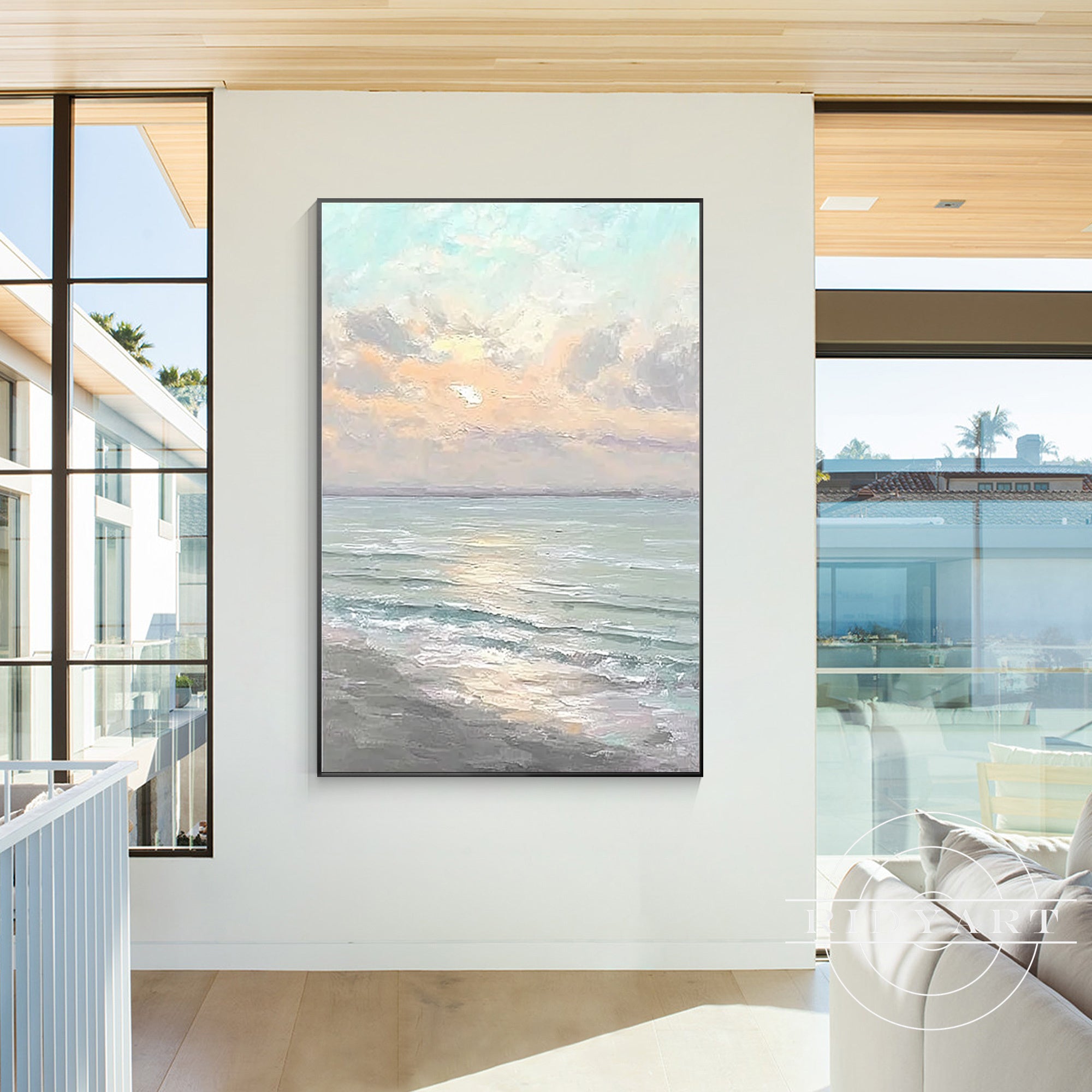 Abstract ocean sunrise wall art blue grey modern living room décor

