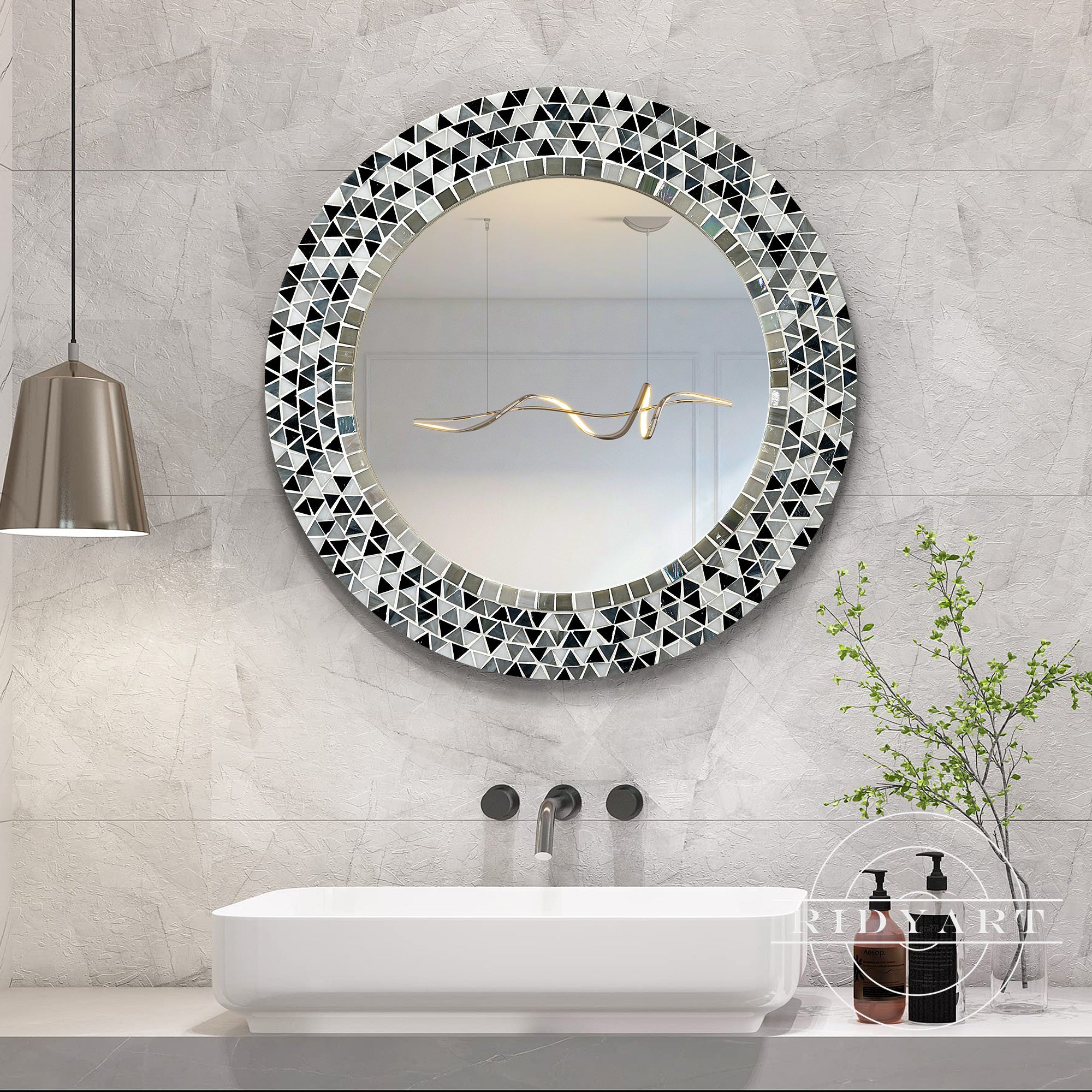 Large round mosaic wall mirror with gray and black tile frame