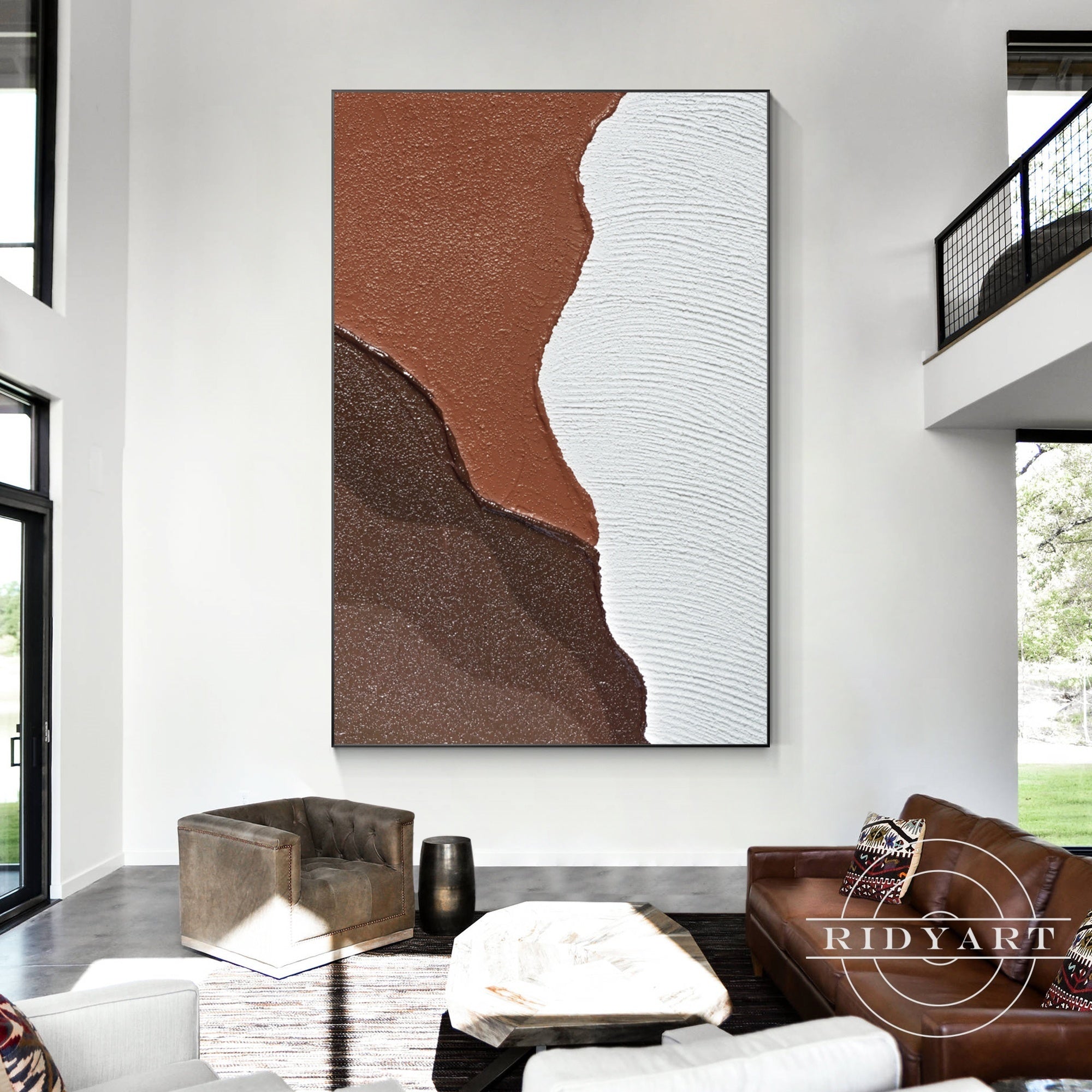 Earth tone abstract ocean painting with textured details.
