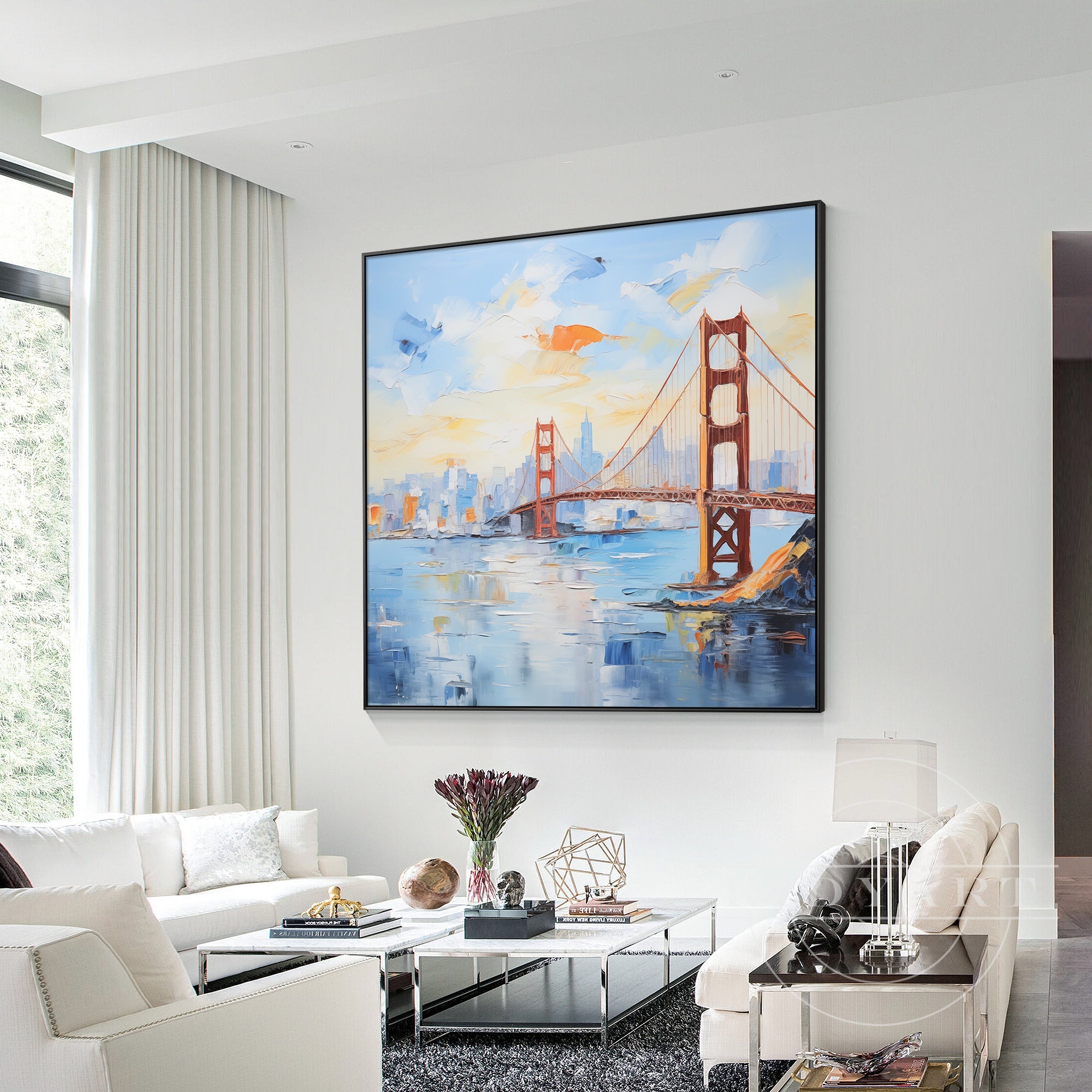Textured wall art of Golden Gate Bridge with bright colorful tones.
