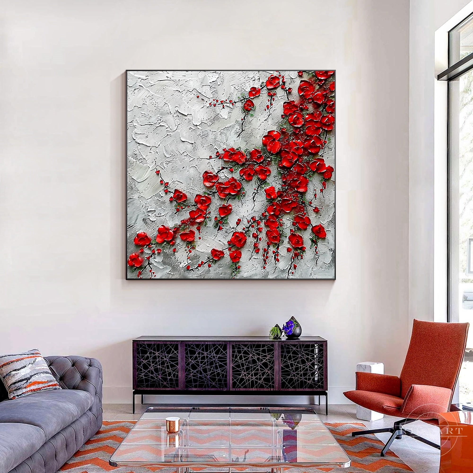 Red wildflowers painting with thick textured brushstrokes.
