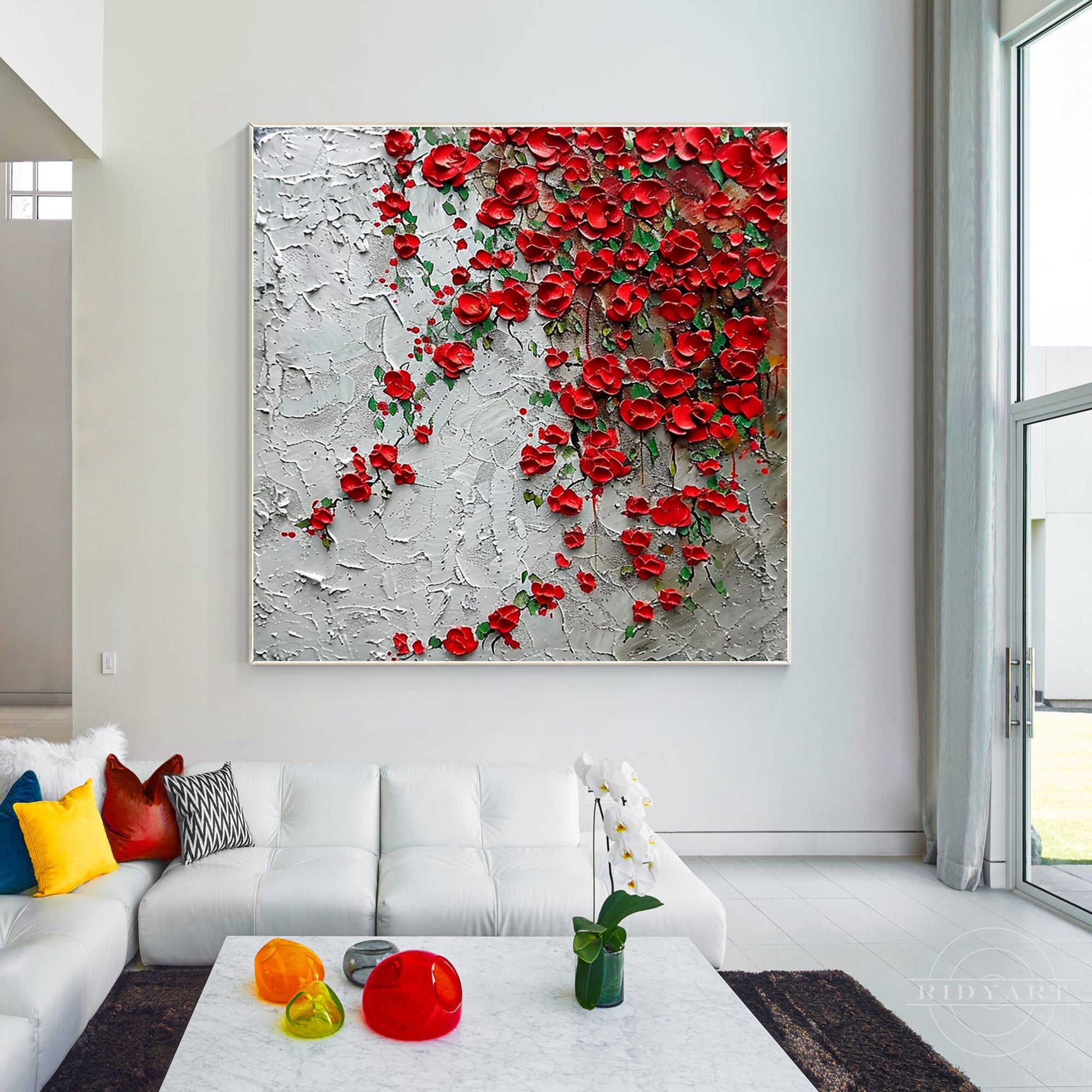 Red wildflowers 3D textured painting on canvas.
