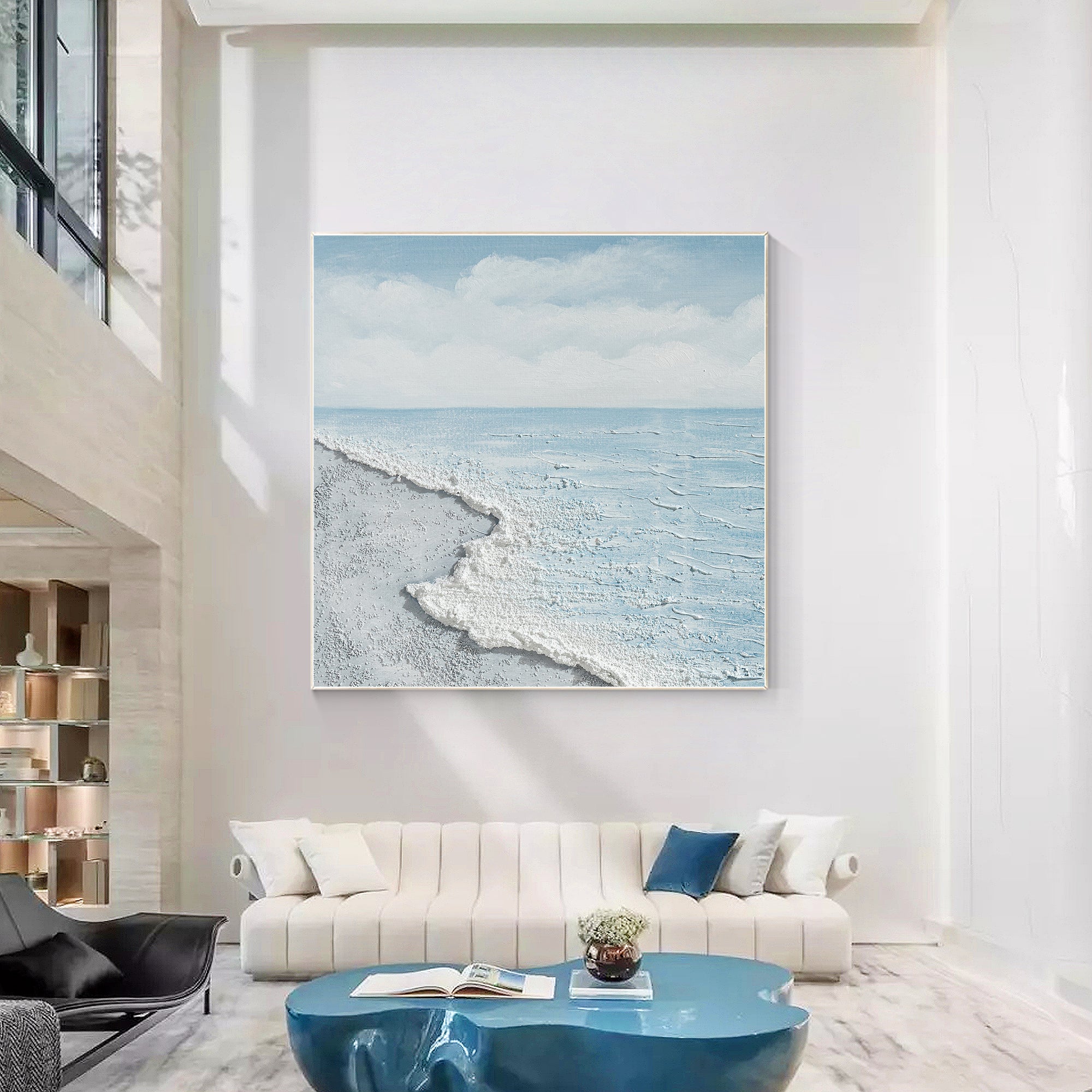 Light blue white and gray ocean art with heavy texture on canvas