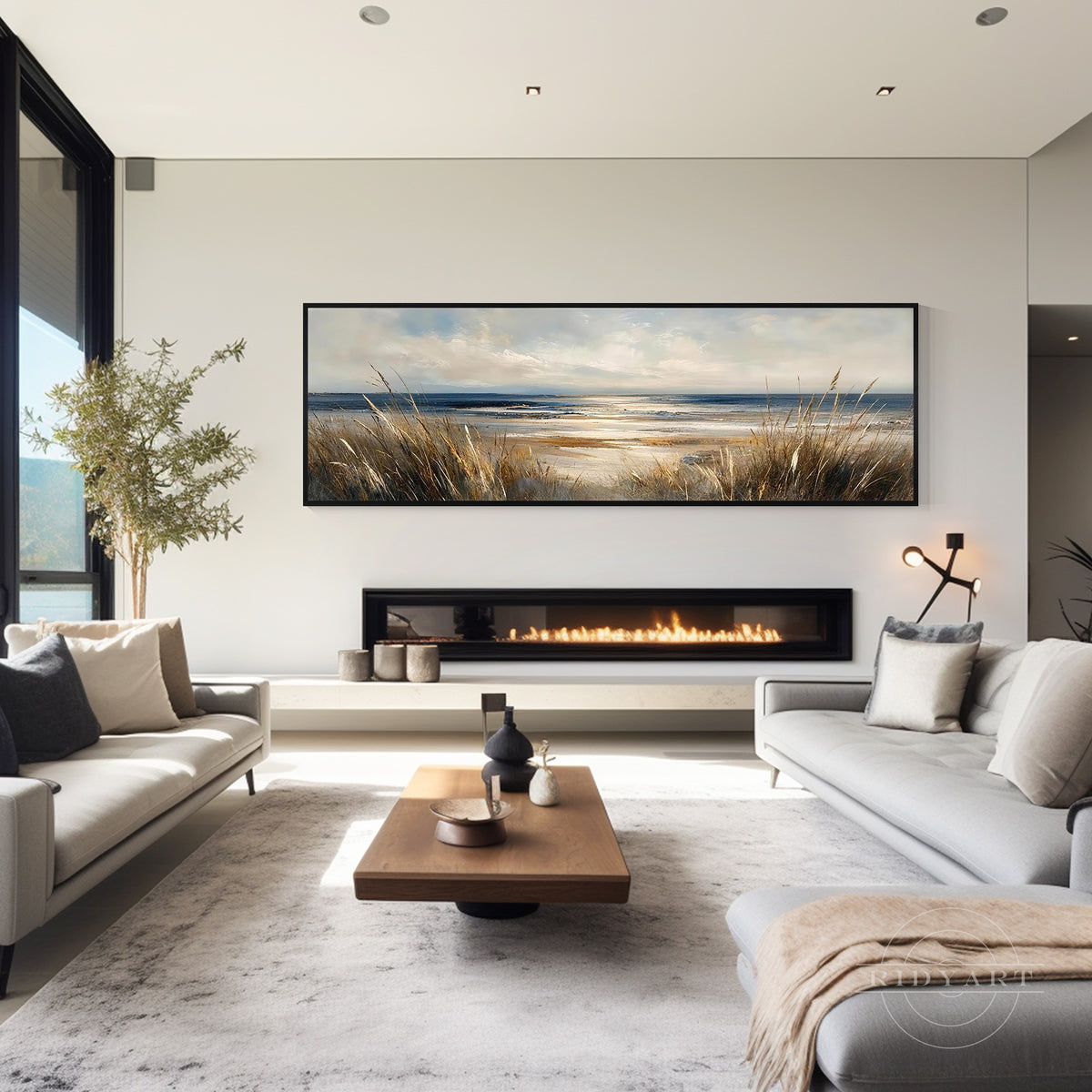 Long narrow neutral beach wall art with soft blue water, warm beige sand, and natural dune grasses
