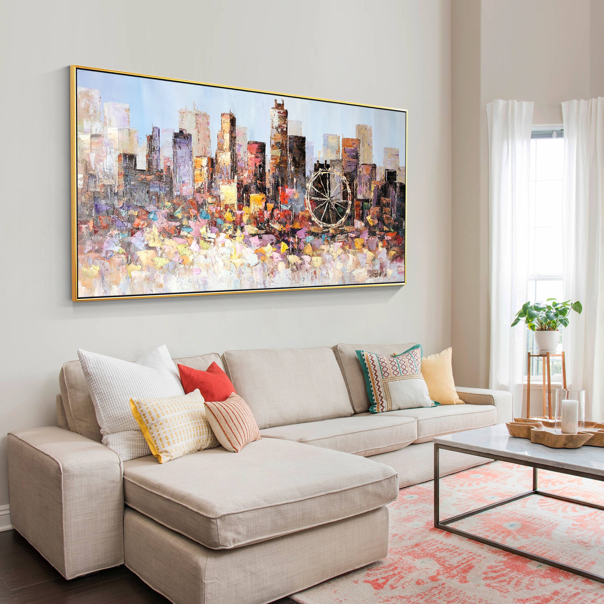 Textured Los Angeles skyline oil painting in abstract style.