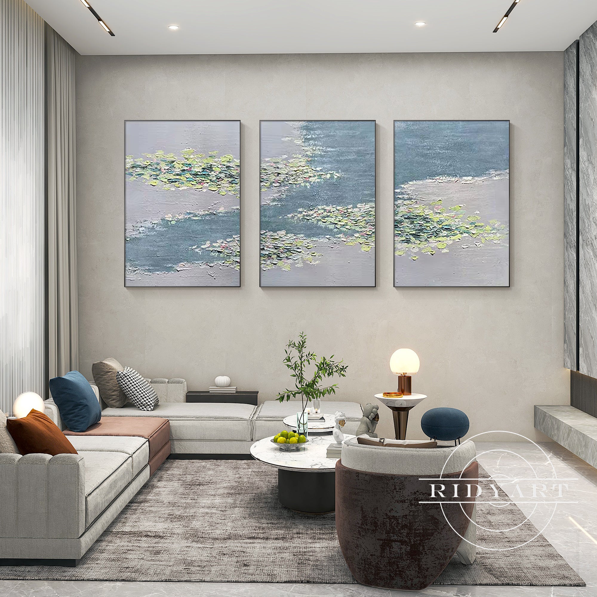 Extra large lotus flower triptych wall art in Monet style