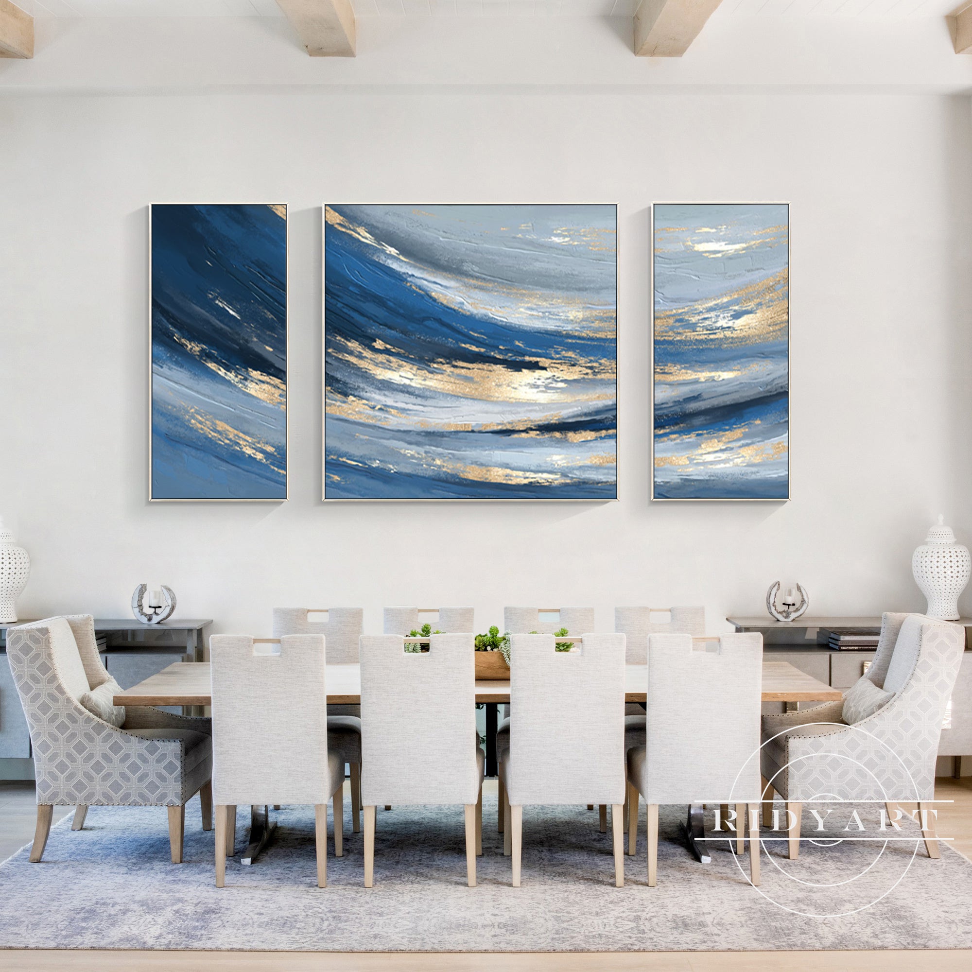 Luxurious blue and gold canvas wall art set for living room design