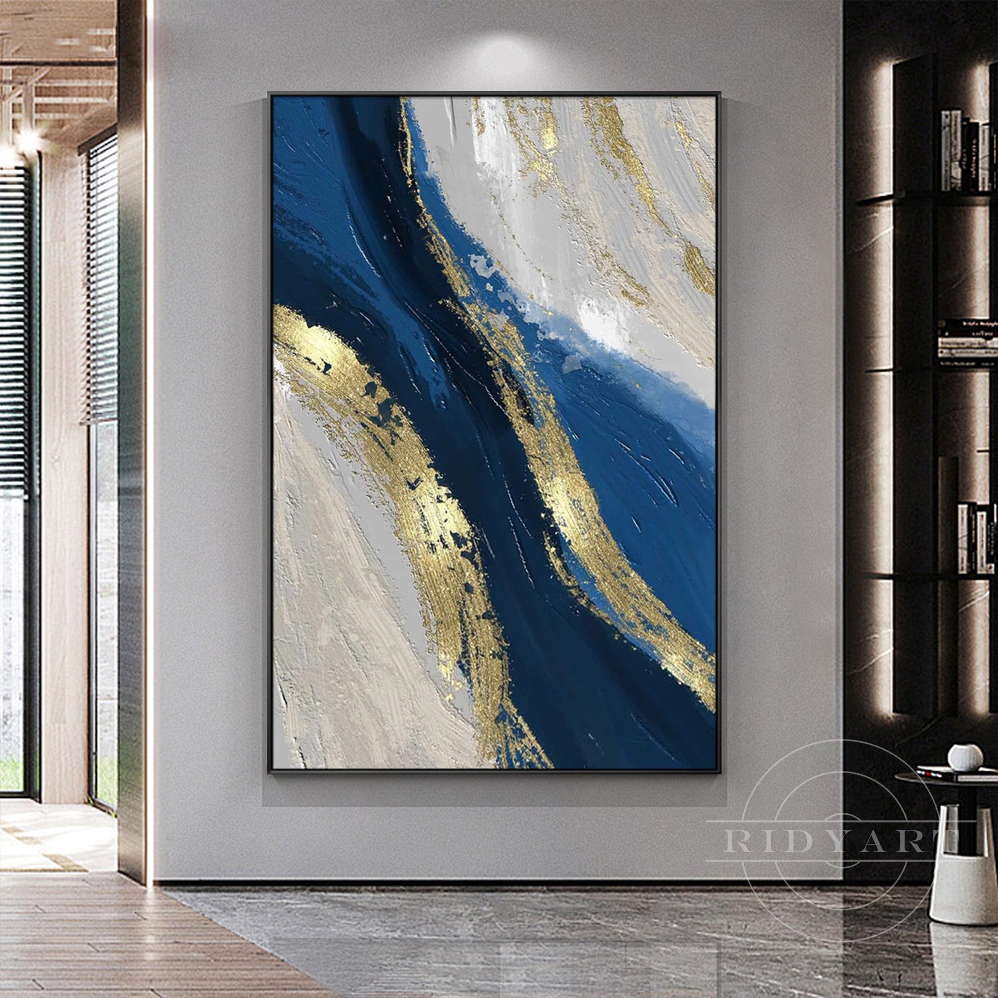 Luxurious abstract ocean wall art featuring navy tones and gold accents