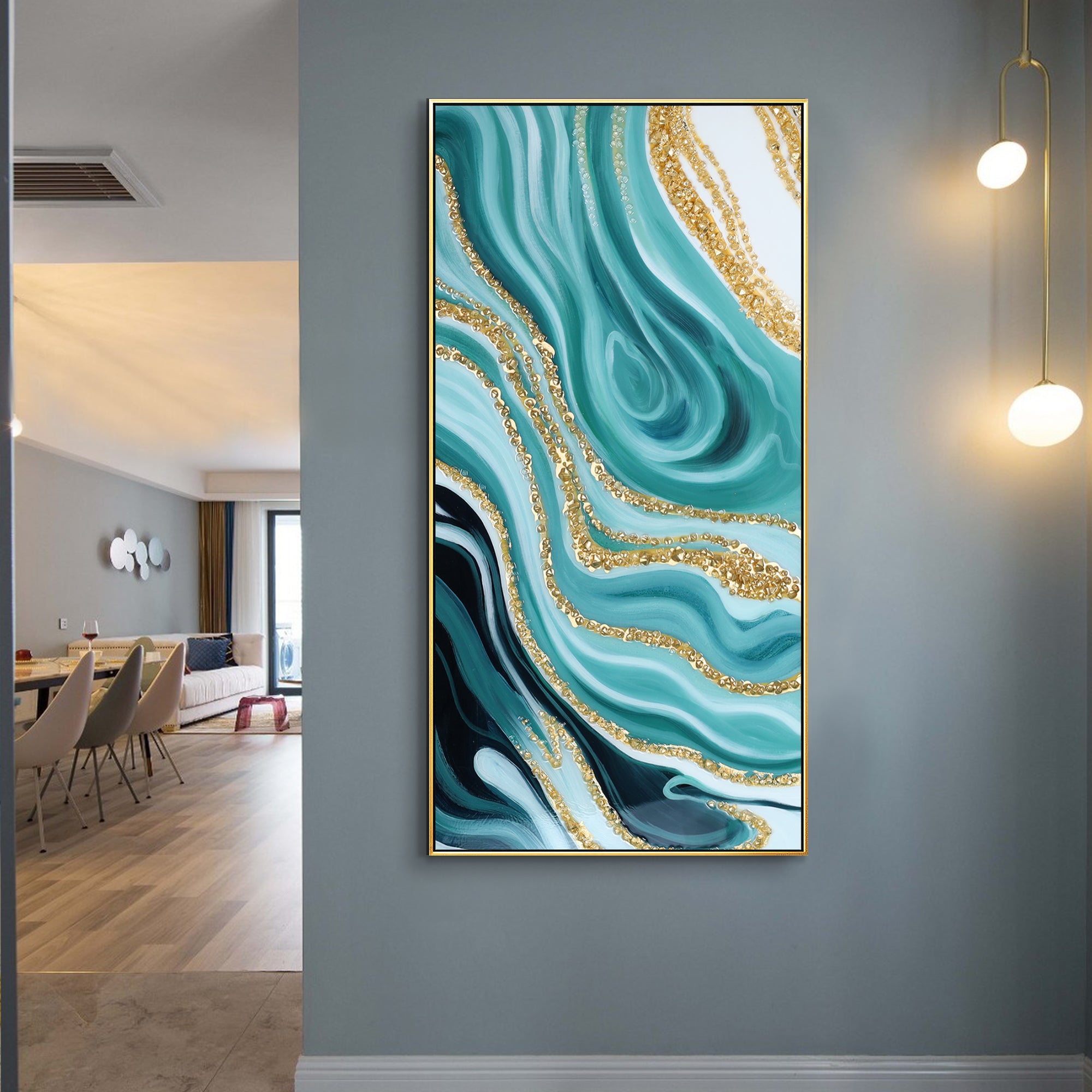 Luxurious Resin Geode Teal painting With Crystals