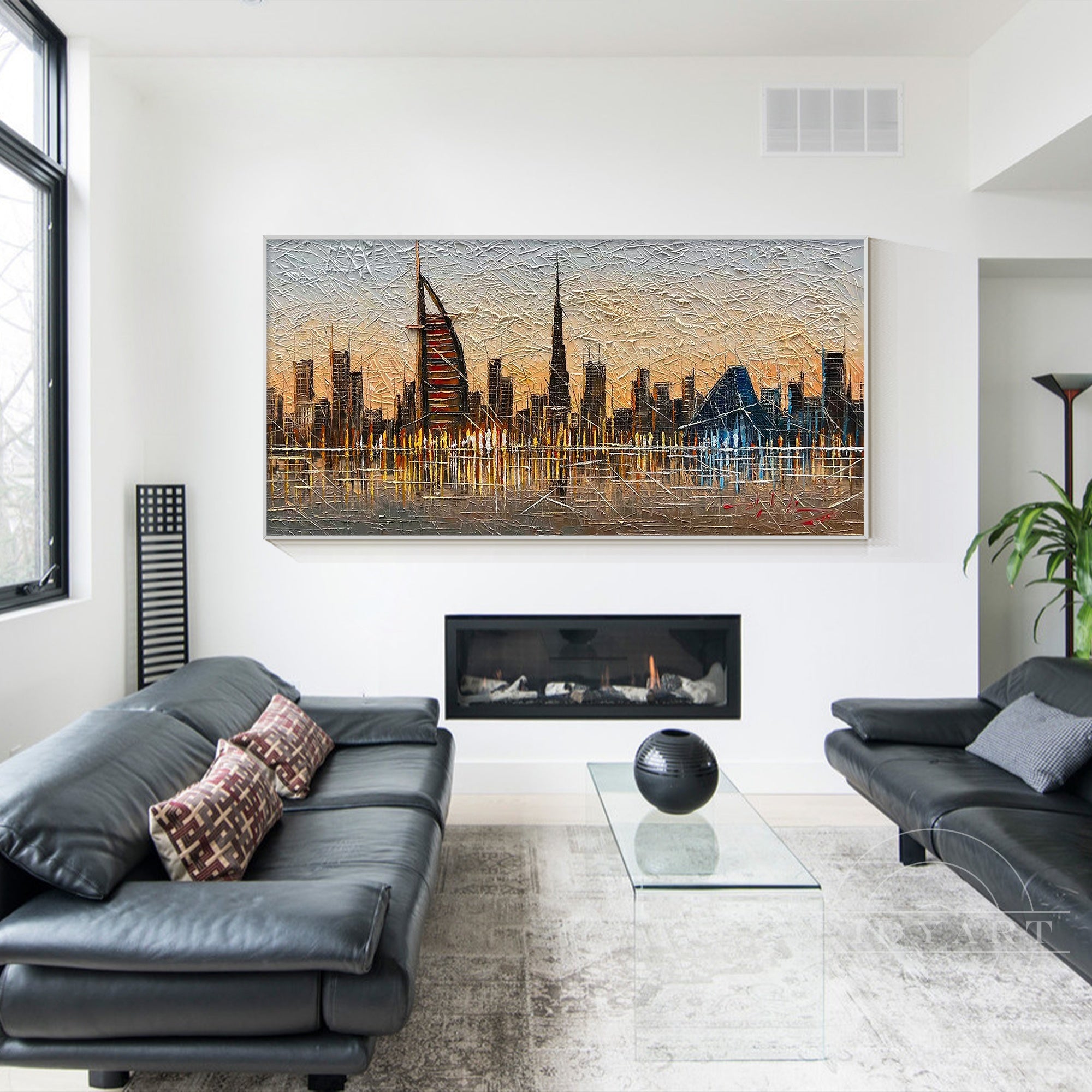 Luxurious golden cityscape artwork of Dubai on canvas.