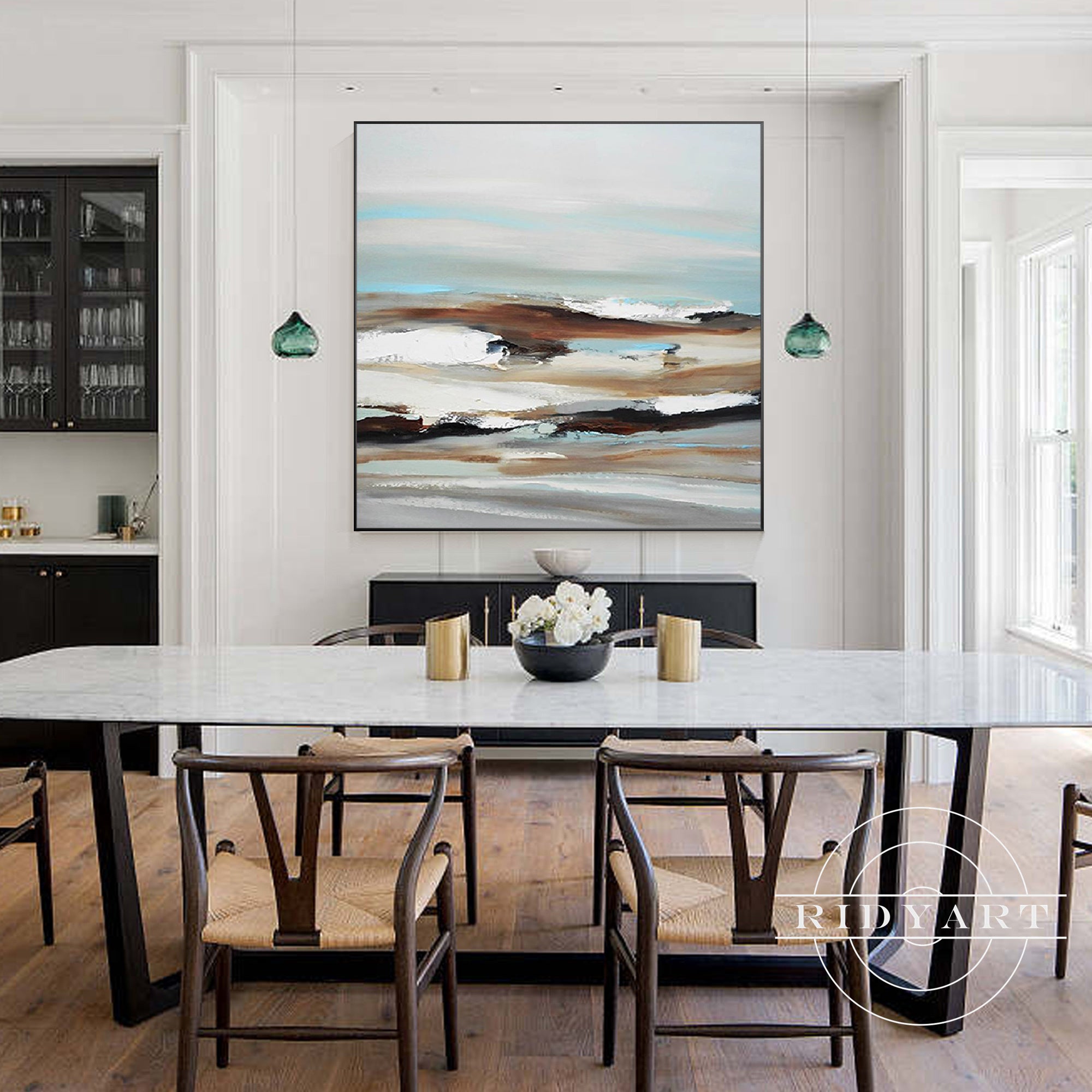 Minimalist acrylic painting in blue, brown, and gray tones