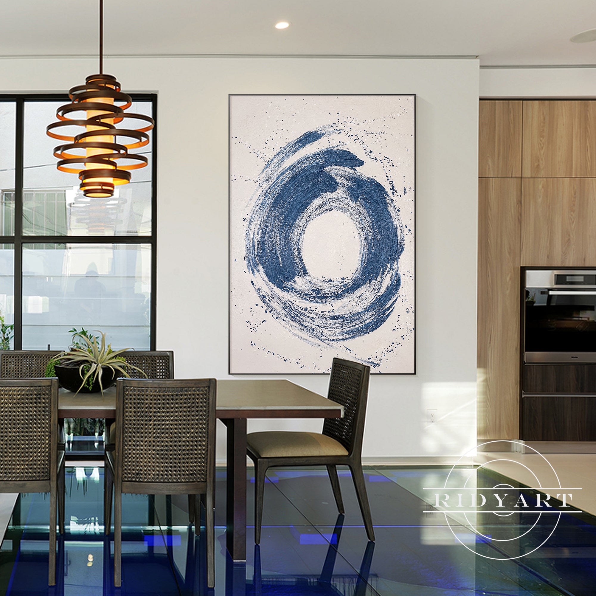 Minimalist swirl art in deep blue for modern home decor
