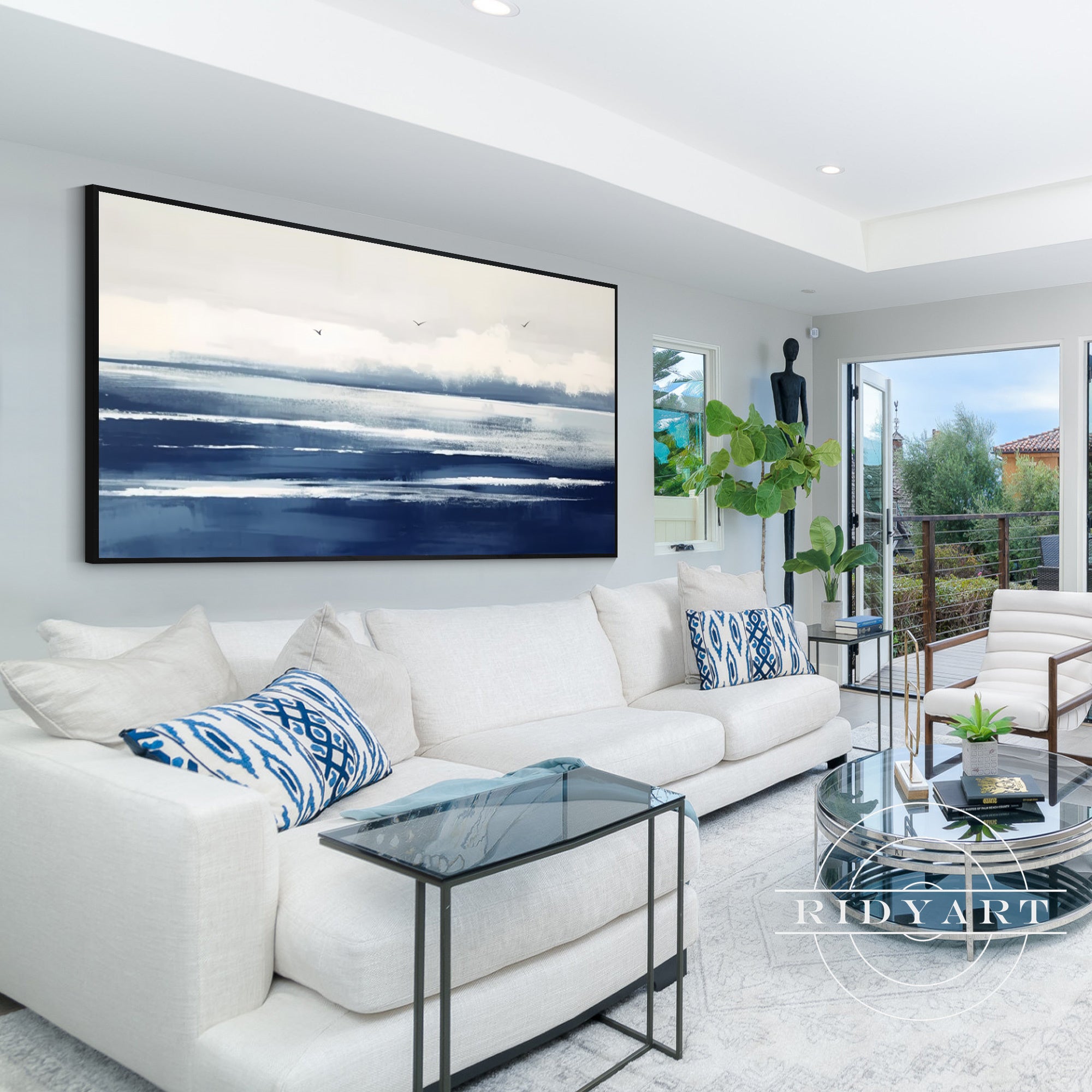 Coastal abstract seascape wall art in blue and white tones