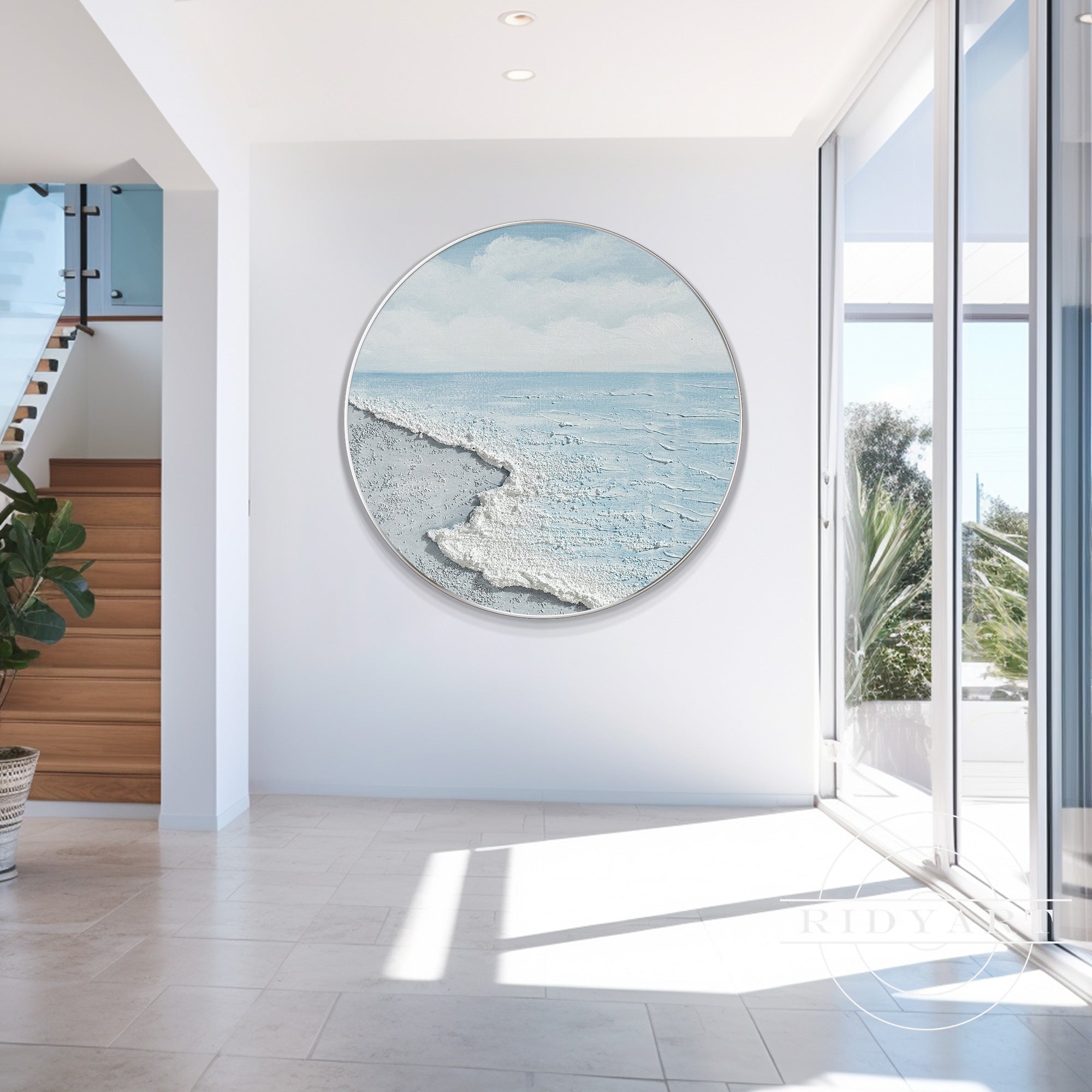 Minimalist coastal acrylic painting on circular canvas