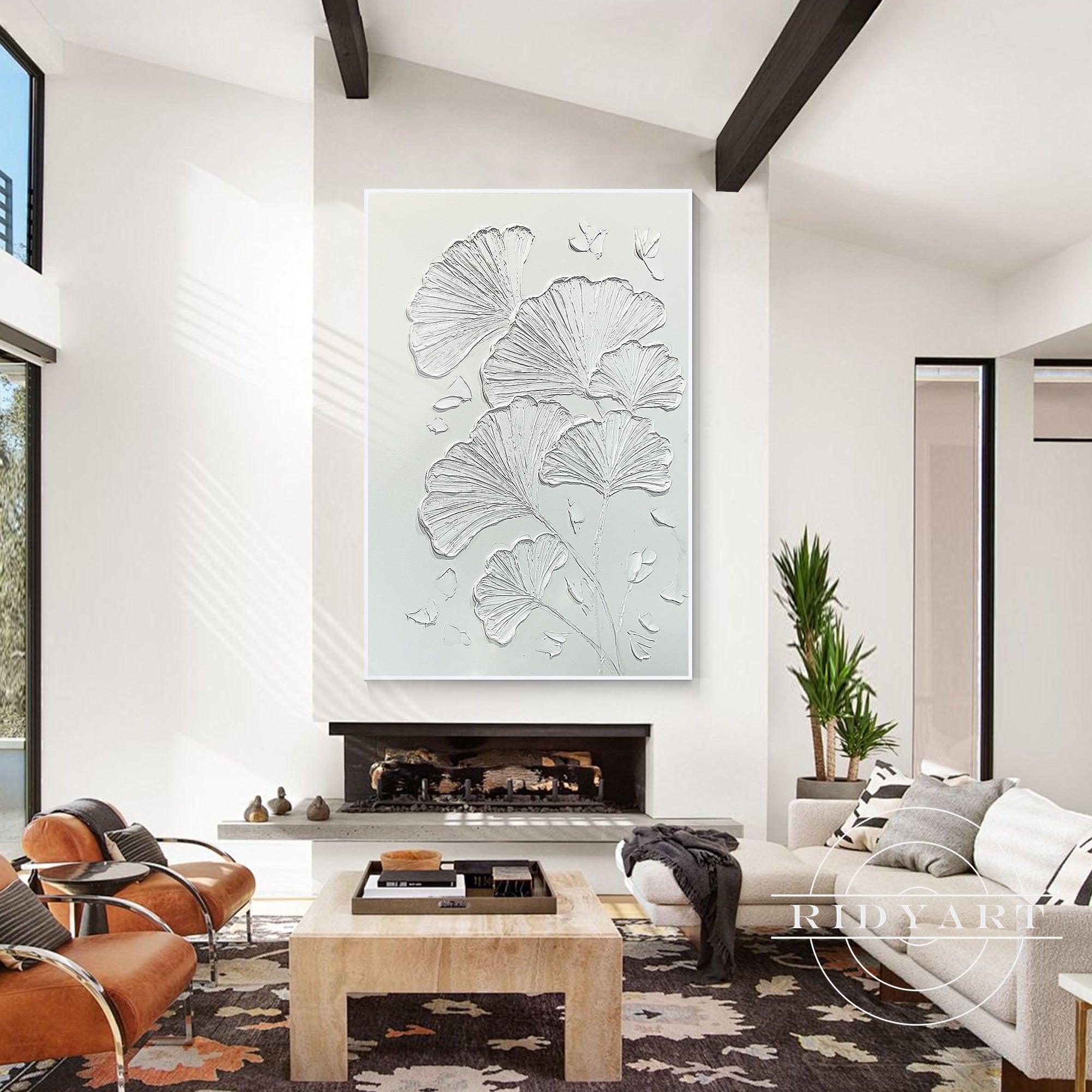 Minimalist ginkgo leaf wall art with 3D textured plaster