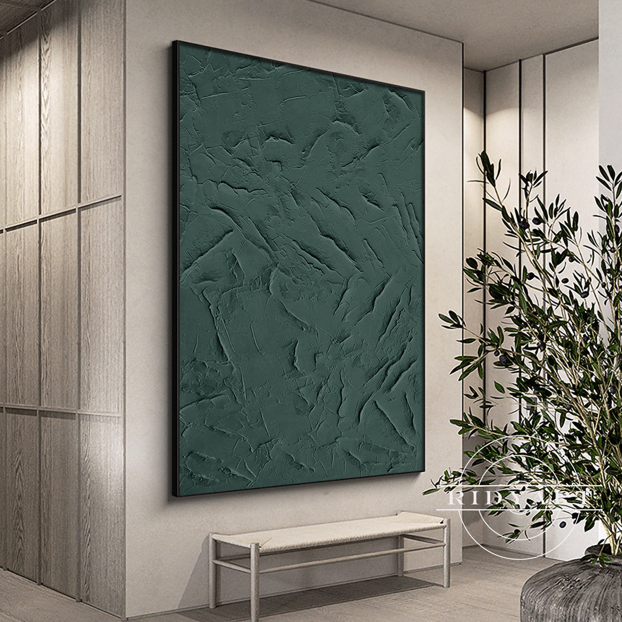 Minimalist green abstract painting with rich textured surface