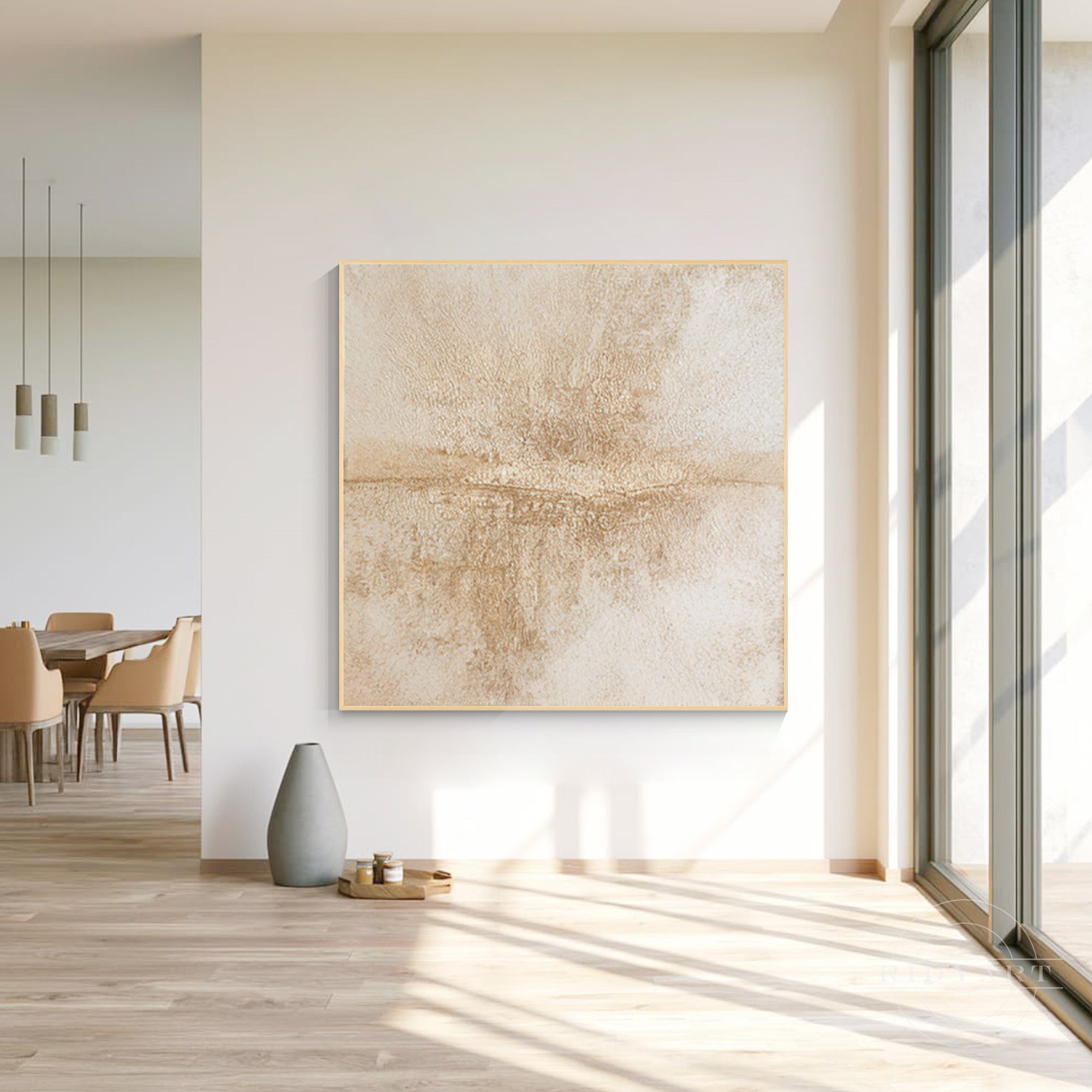 Close-up view of subtle impasto sand texture and horizontal division on a square canvas print.