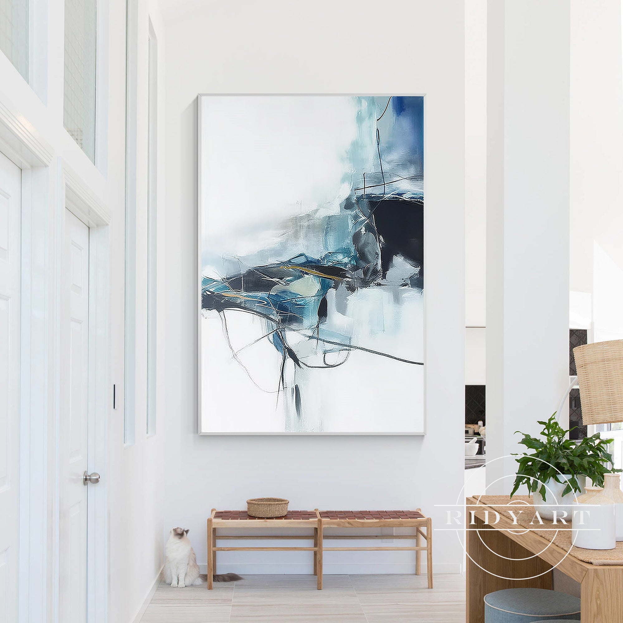 Minimalist modern navy blue and white painting for living room