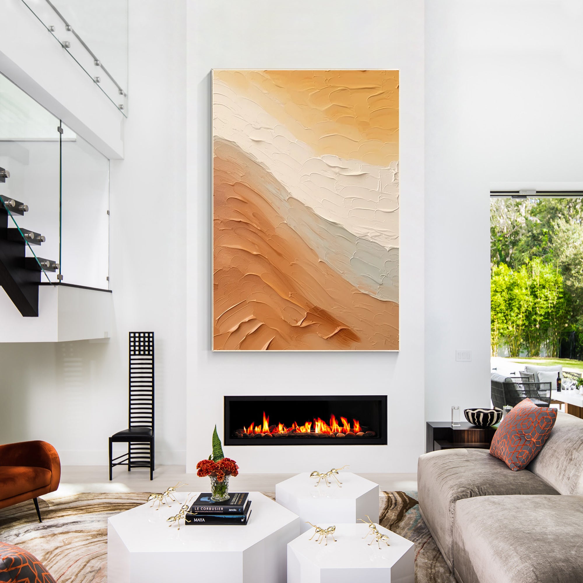 Earth tone abstract ocean painting with 3D textured details, featuring a minimalist Wabi Sabi design. Extra large wall art for coastal and natural decor.