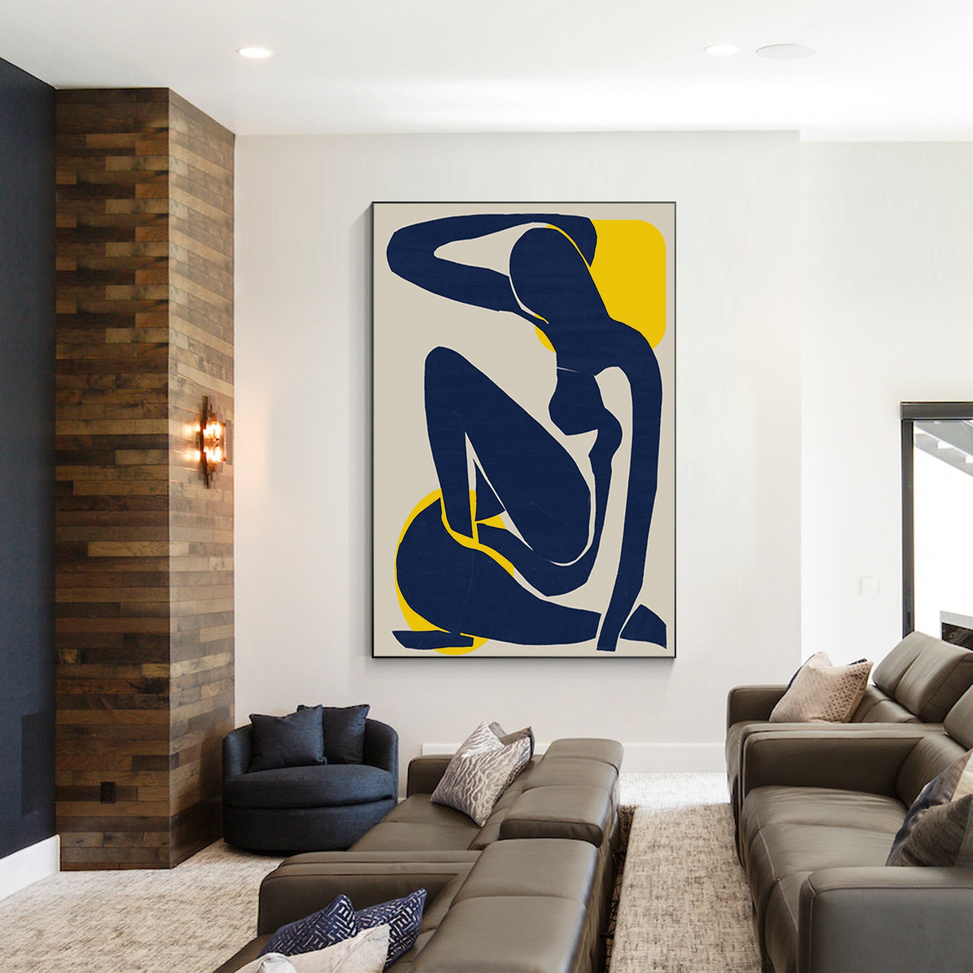 Navy blue abstract textured painting of a woman’s figure in minimalist style. Vertical large wall art ideal for modern interior decor.