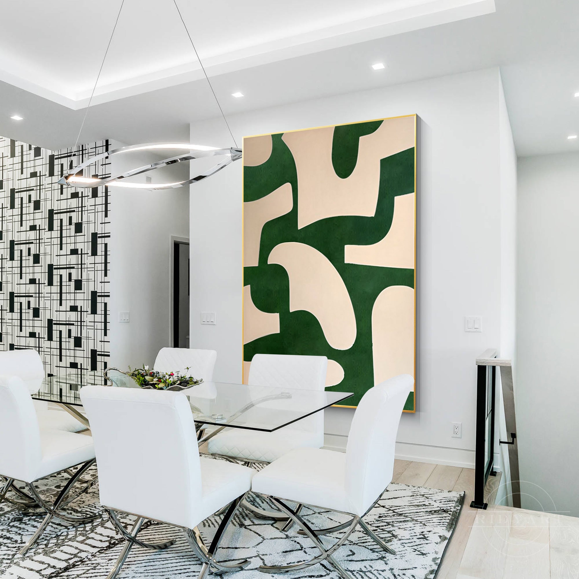 Beige and emerald green abstract art painting on canvas with organic shapes. Vertical oversized minimalist wall art for modern home decor.

