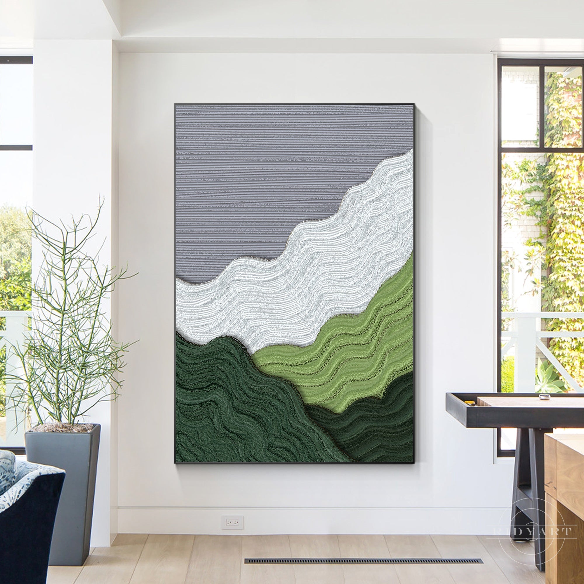 Textured mountain wall art, abstract green and gray painting.
