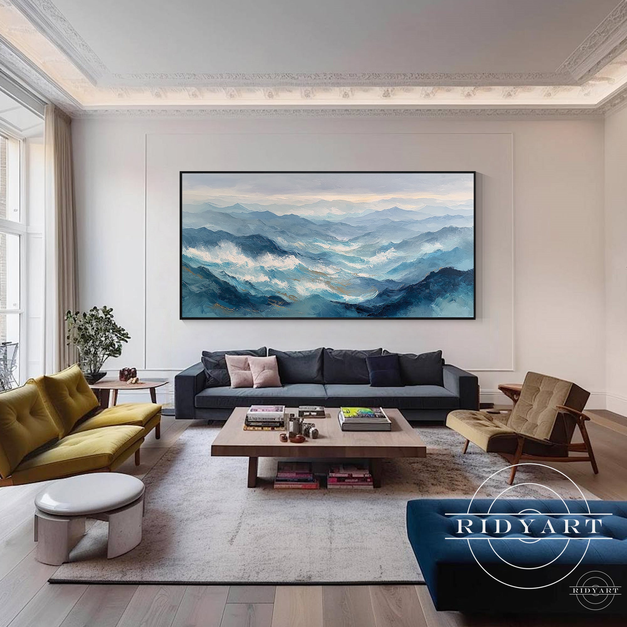 abstract ocean and mountain painting in blue tones