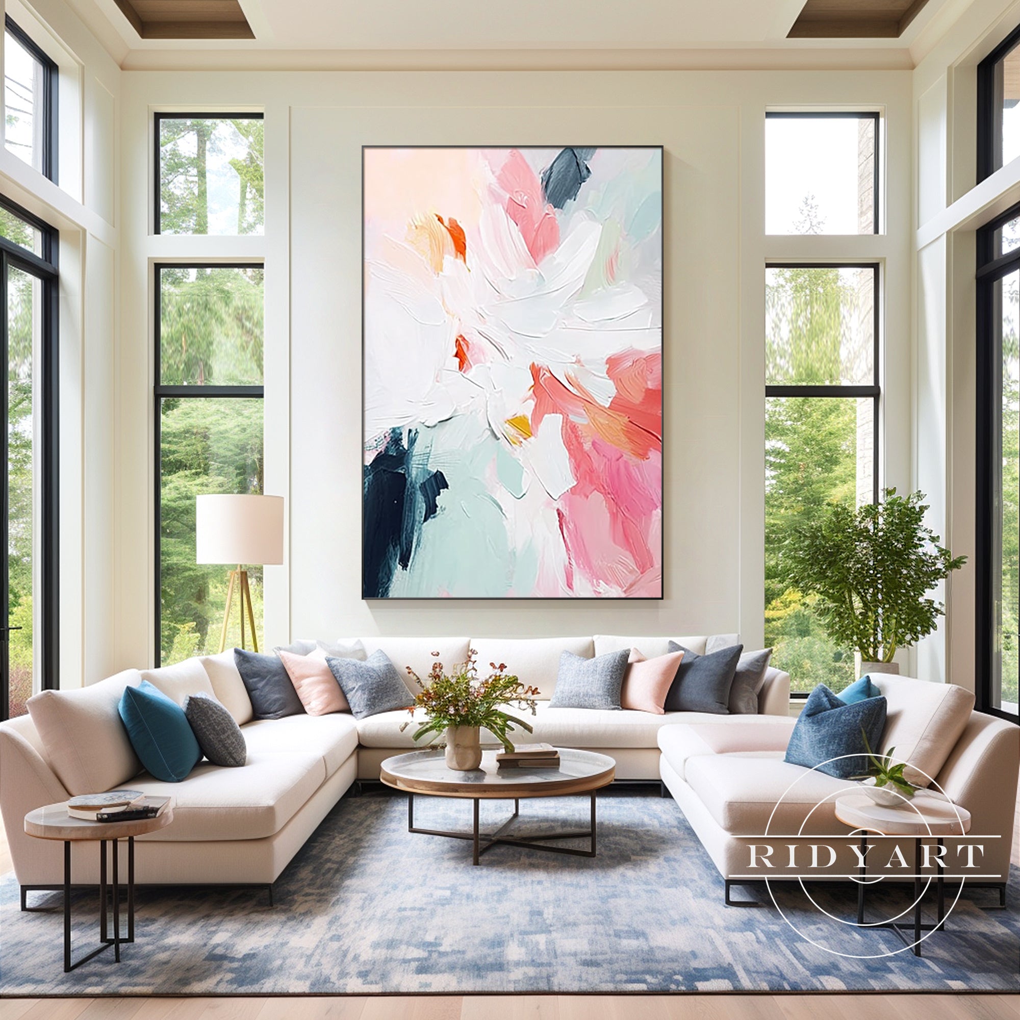 Abstract flower canvas in soft pink, blue, and neutral tones