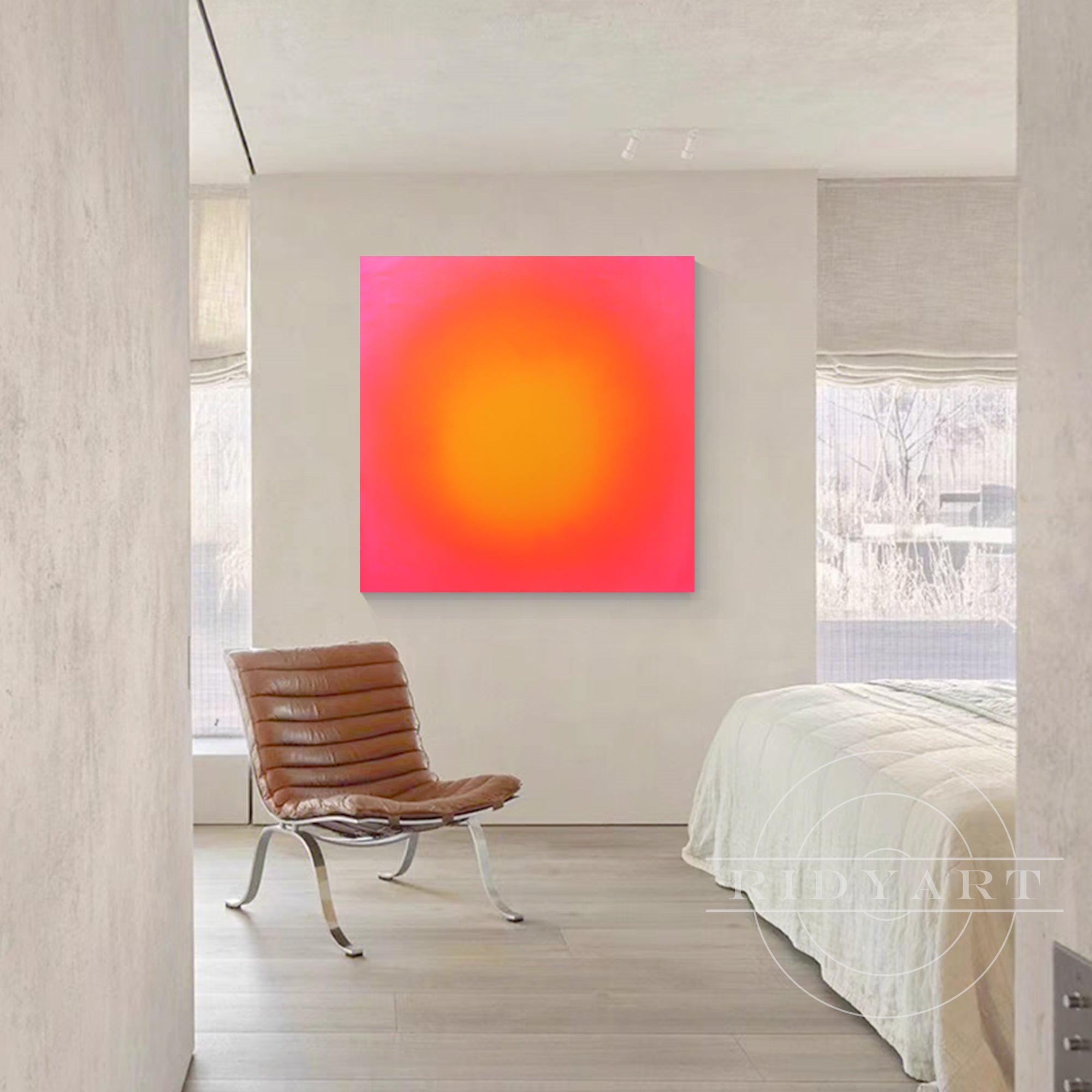 Contemporary abstract gradient wall art in pink and yellow hues