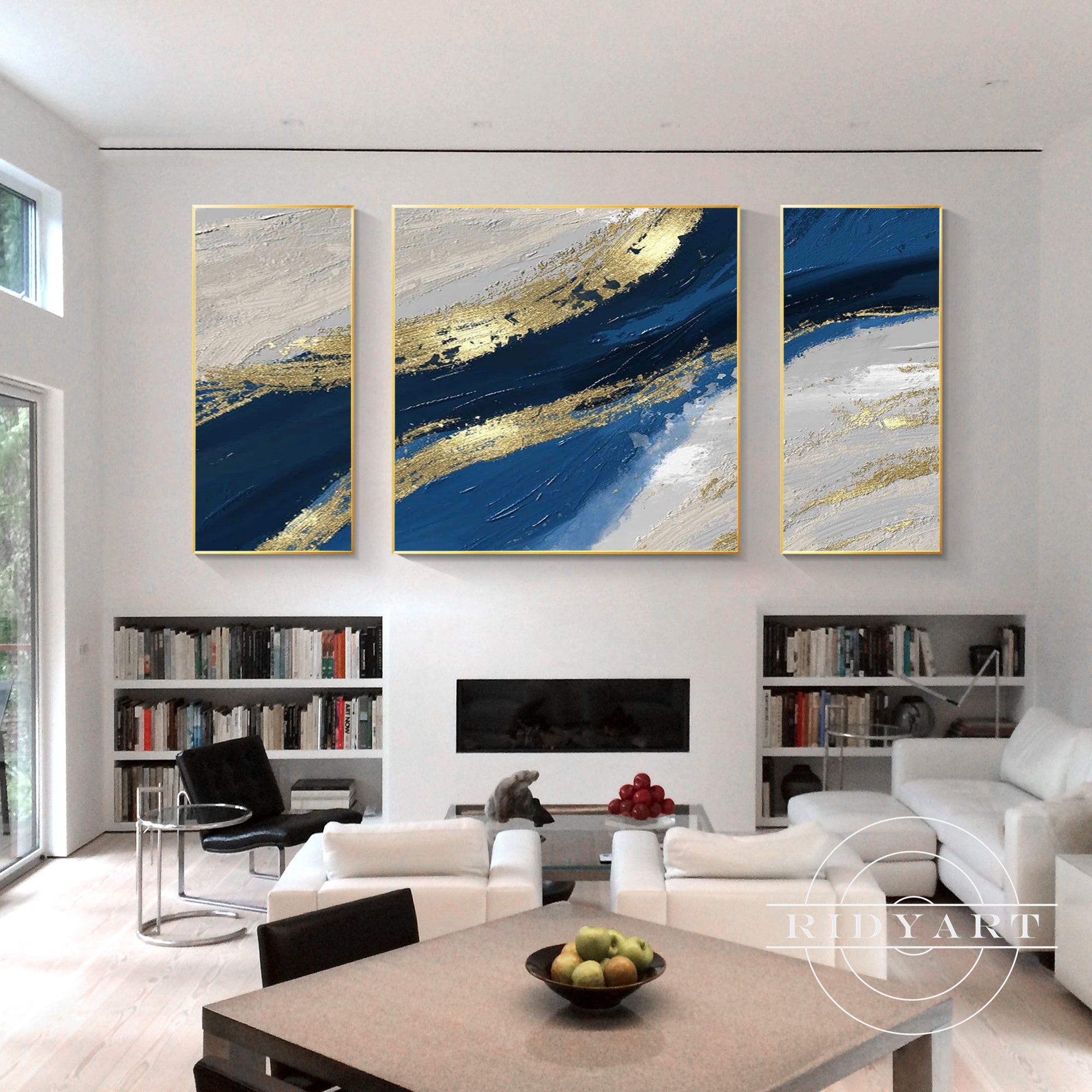 Modern blue and gold canvas wall art set for contemporary spaces