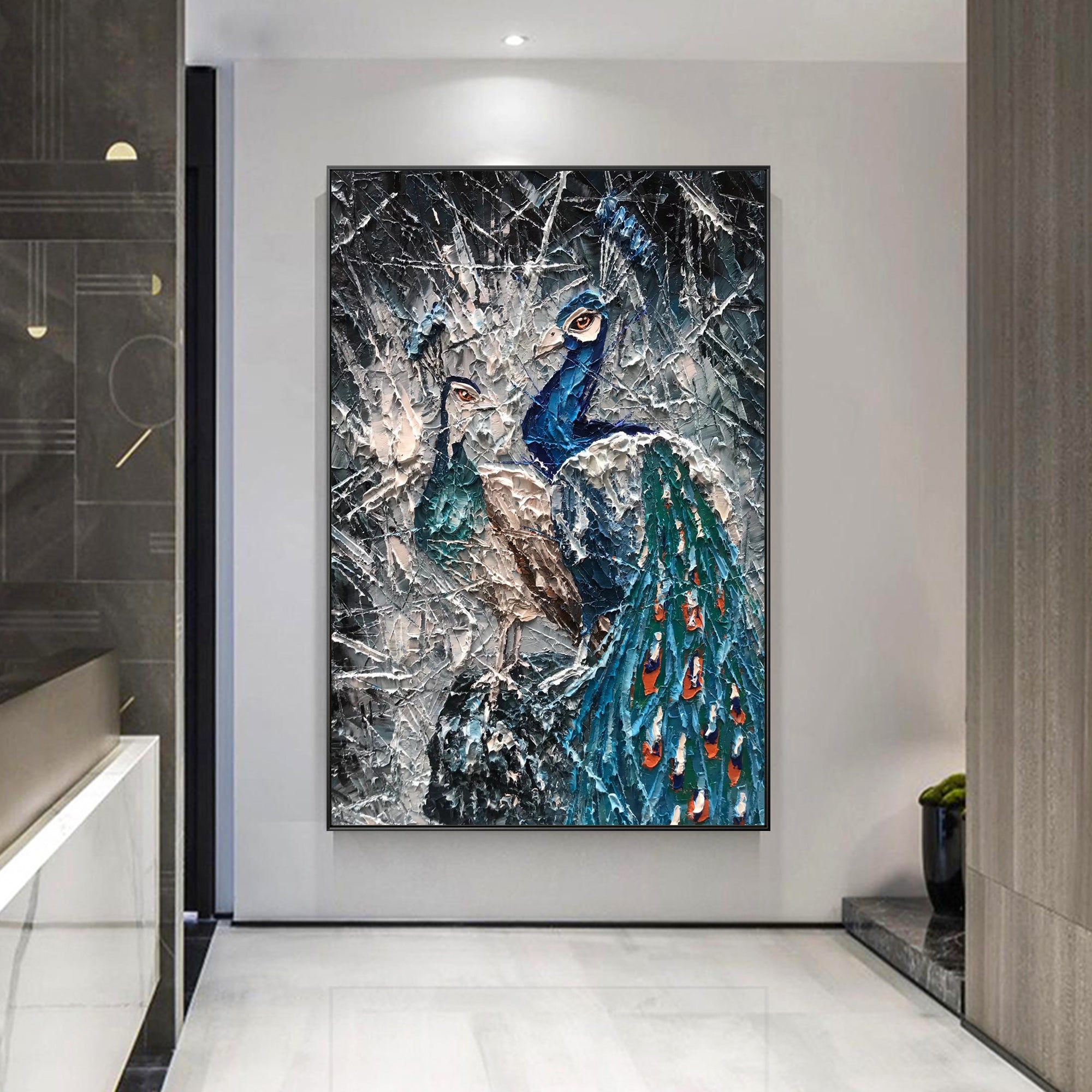 Framed teal blue modern art for living room wall decor