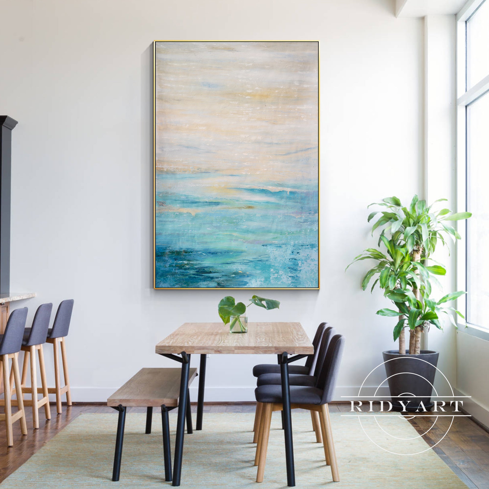 Modern ocean artwork in blue and beige colors