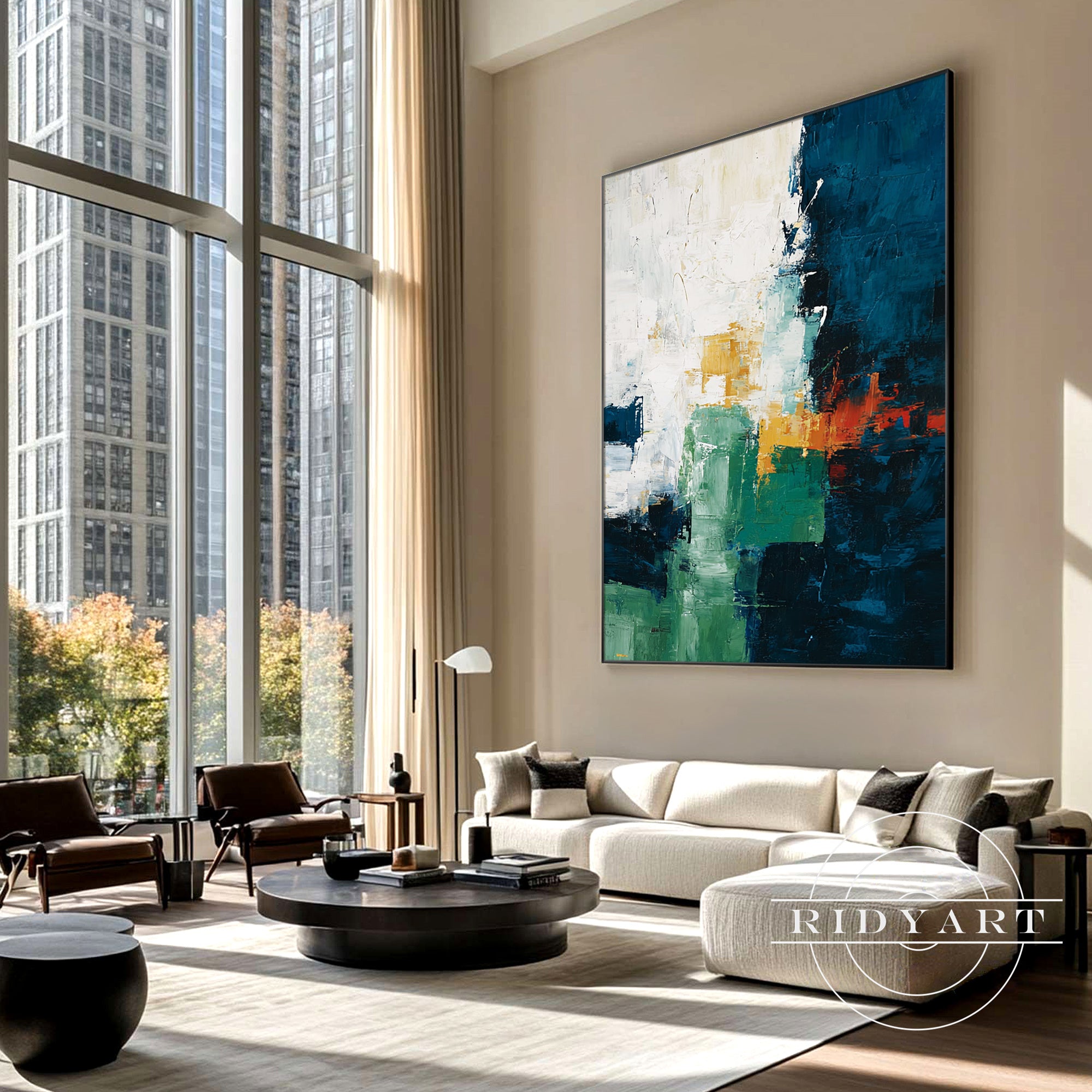 Bold abstract canvas with navy, green, and beige