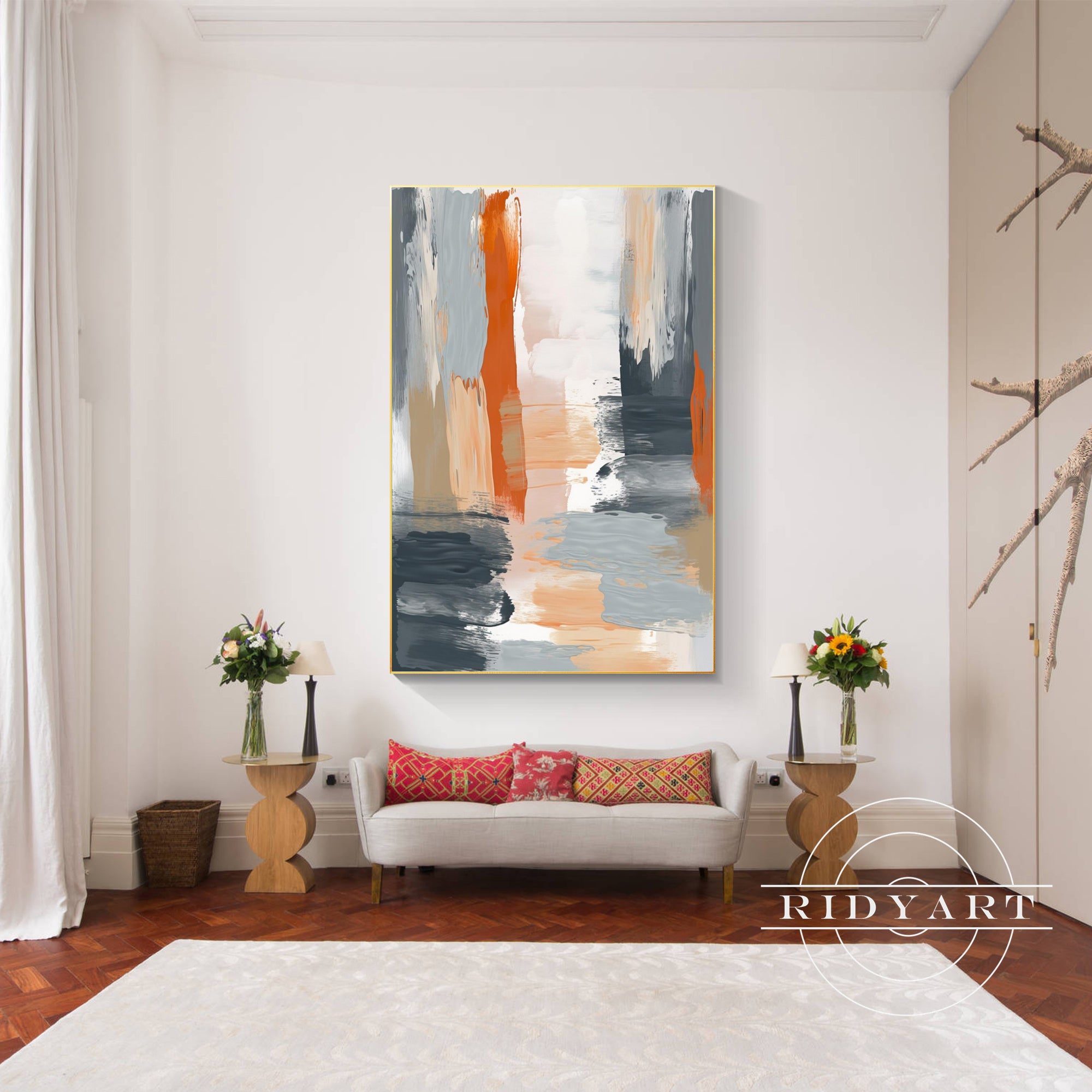 
Modern Abstract Canvas Painting in Orange, Gray, and Matte Black