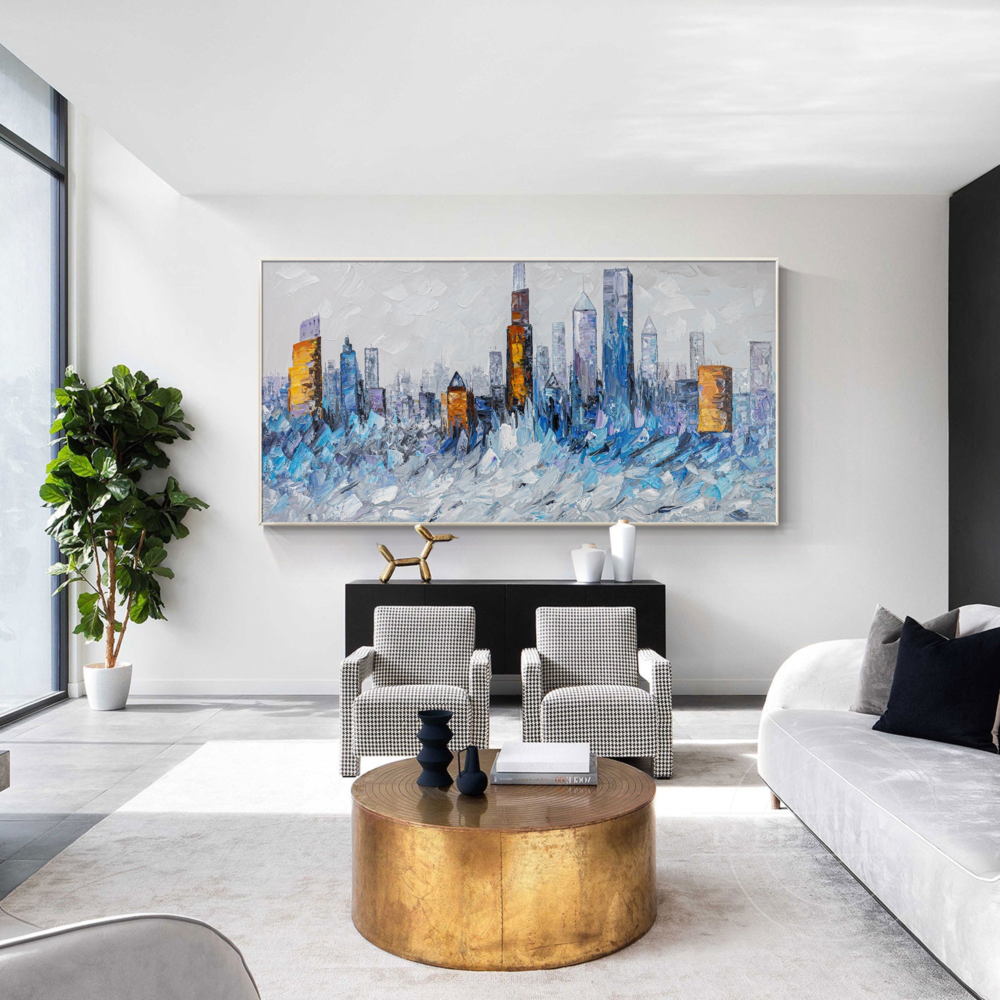 Modern cityscape wall art of Chicago with gold accents