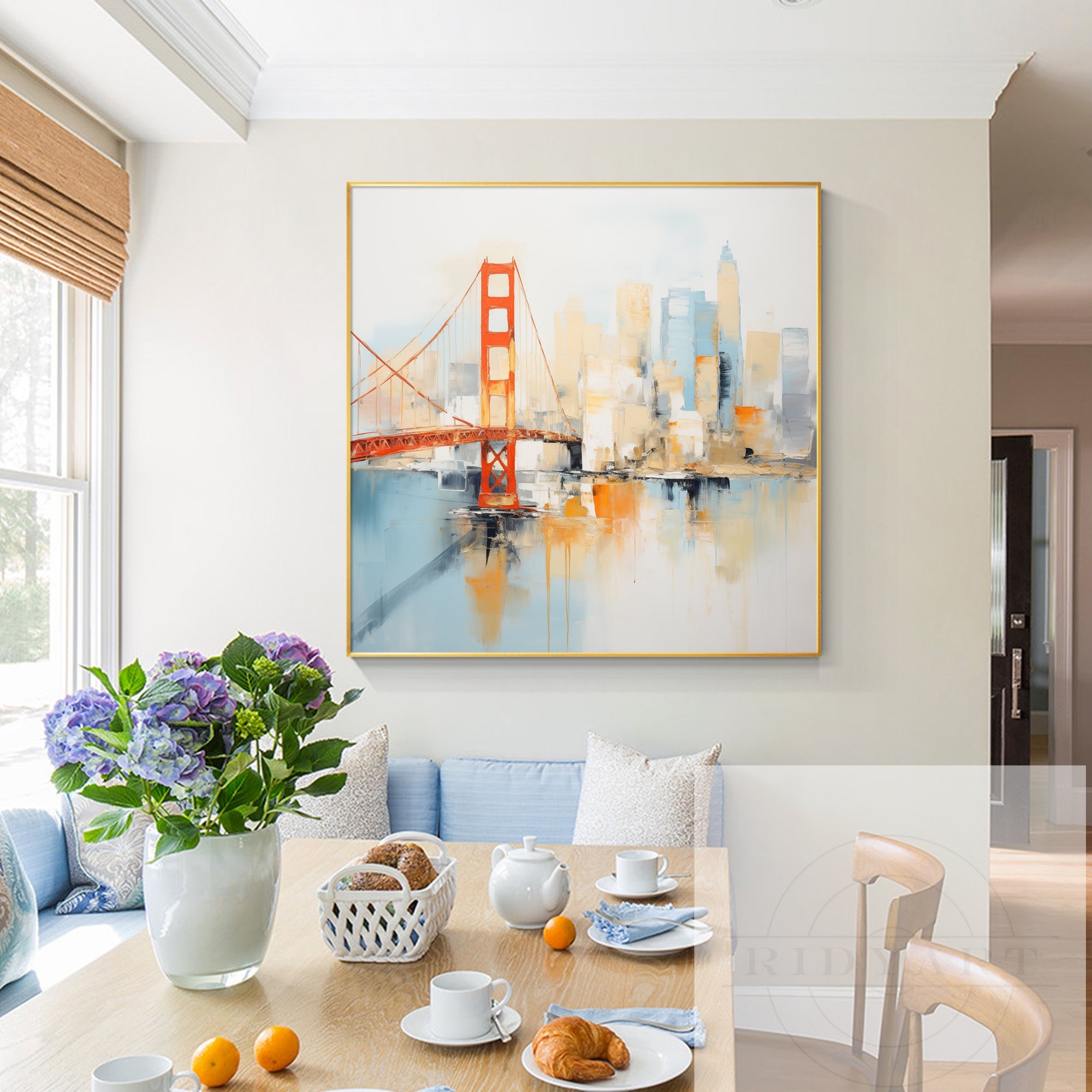 Modern cityscape wall art featuring a textured orange and yellow bridge