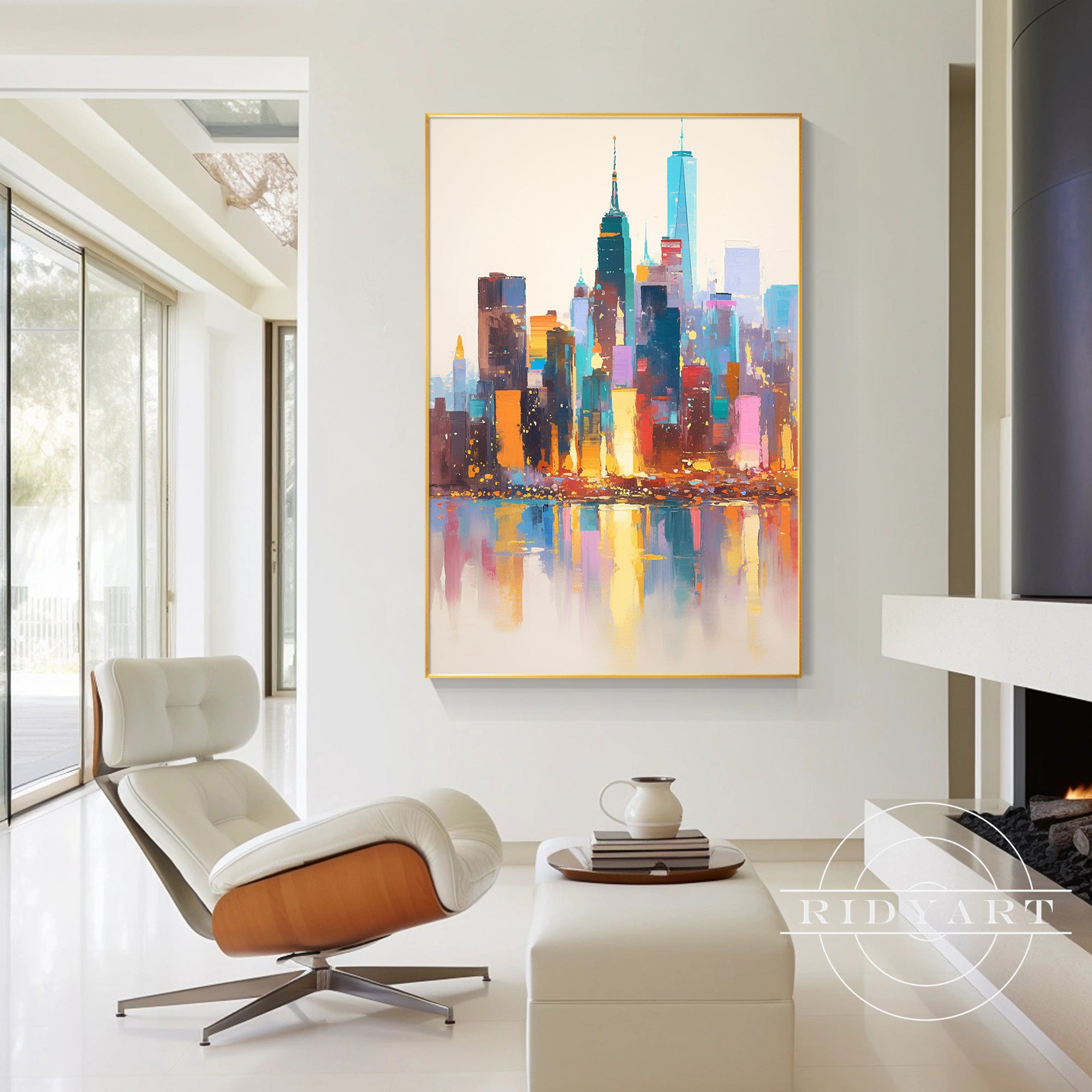 Hand-painted abstract New York cityscape for contemporary decor.