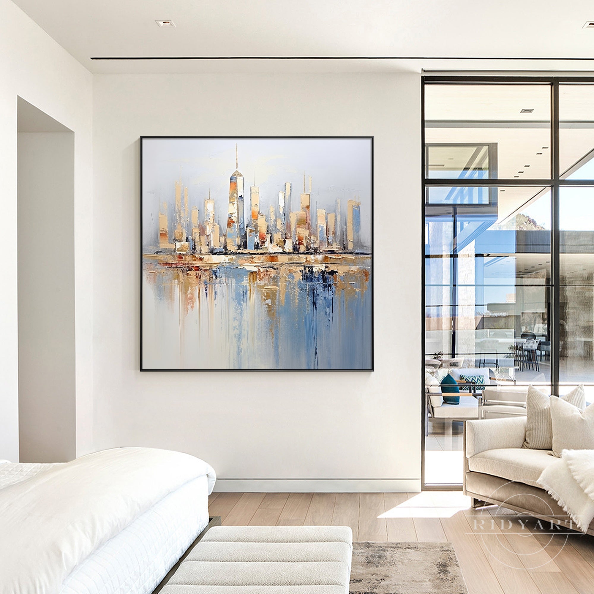 Abstract gold and blue city wall art perfect for living room spaces