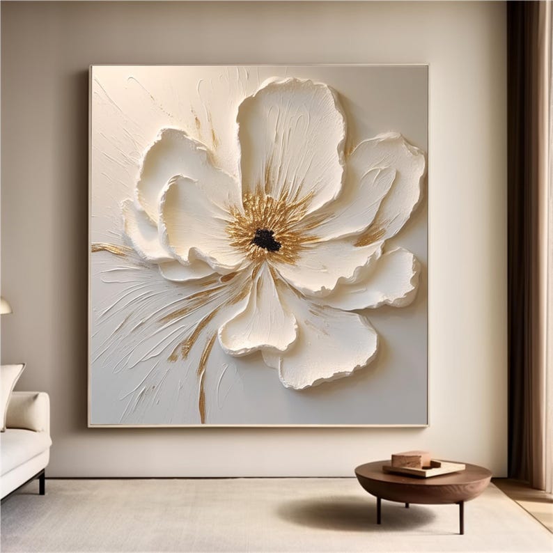 
Creamy white and gold daisy flower wall art for boho living room