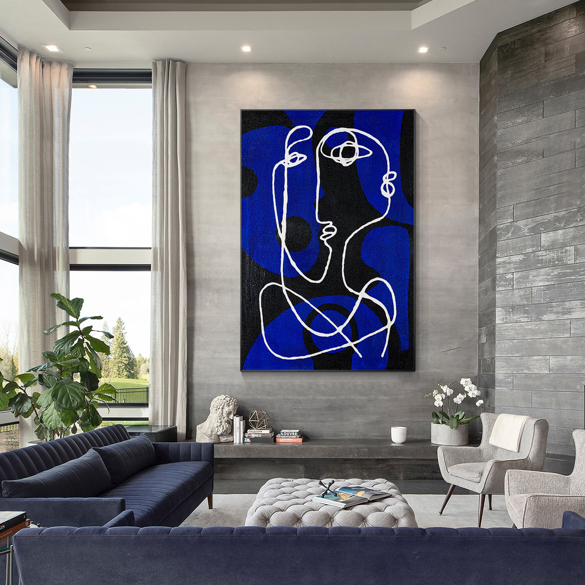 Contemporary line art painting in blue and black tones for modern interiors