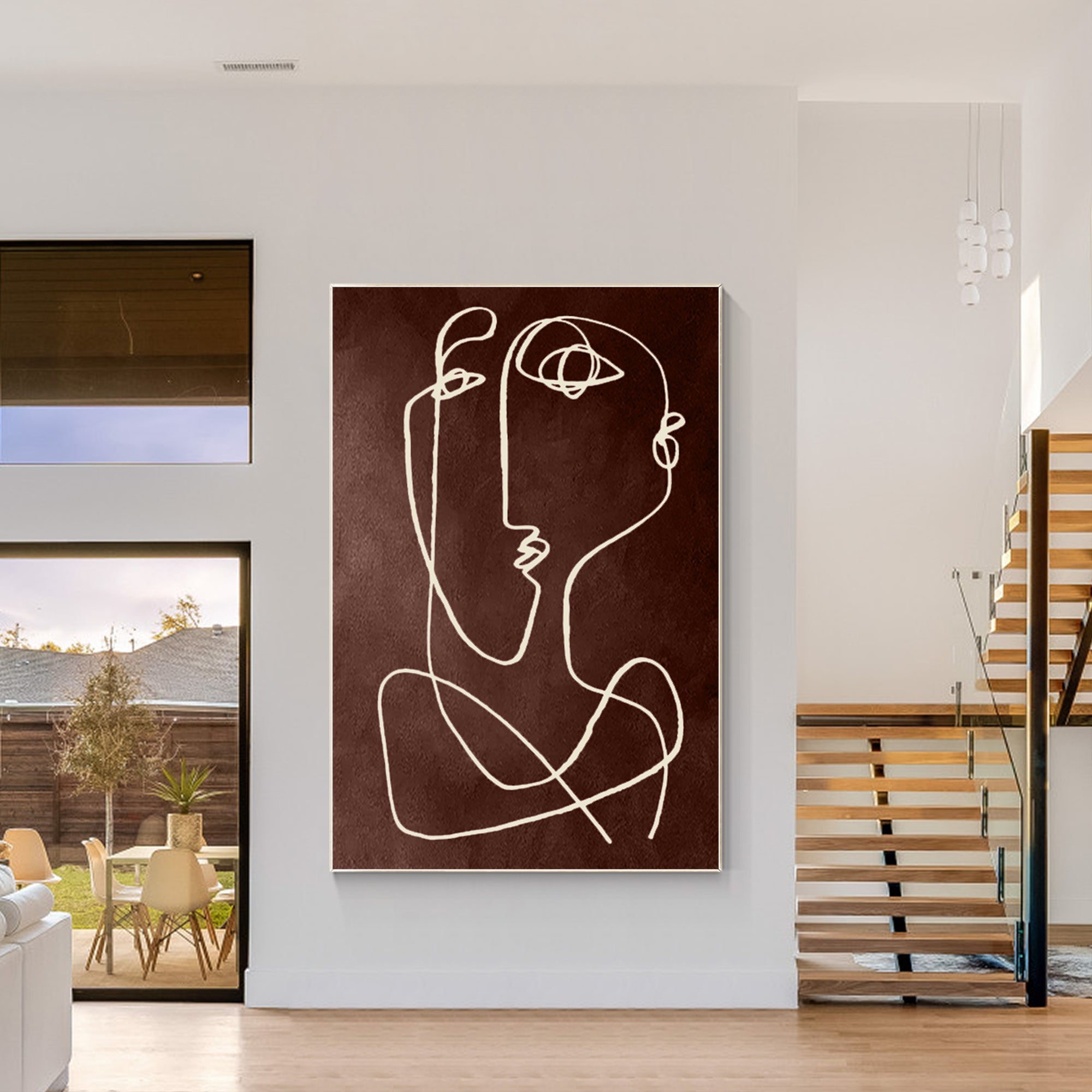 Contemporary line art painting in brown  tones for modern interiors.