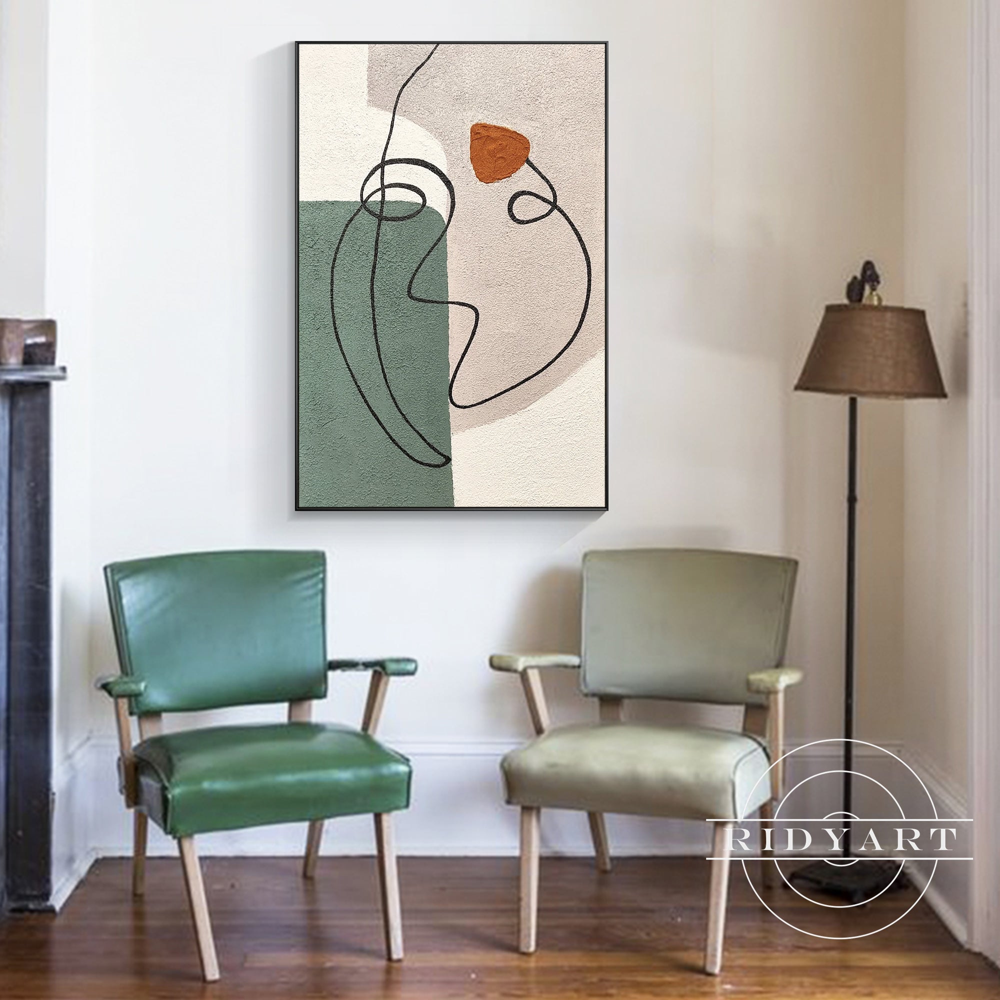 Modern line art wall decor with green, beige, and orange accents.