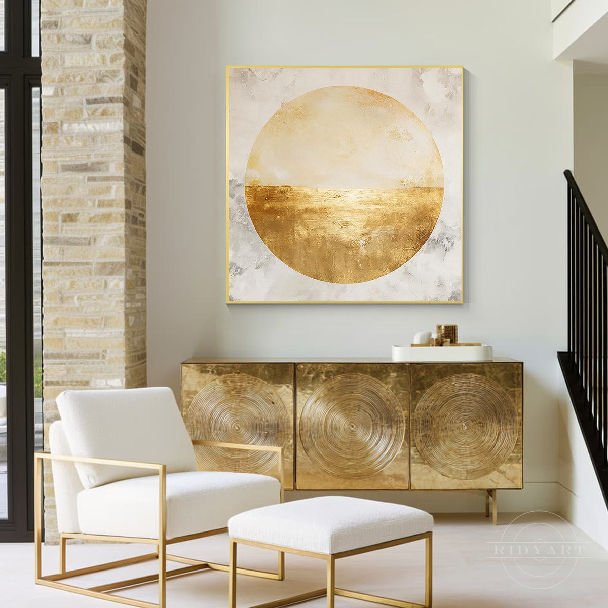 Modern large square canvas print showing a gold horizon inside a circle with textured brushstrokes.