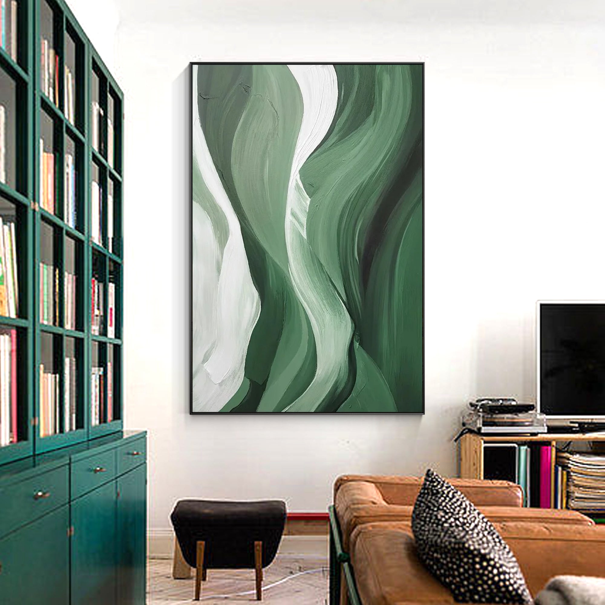 Modern hand-painted wall art in green tones