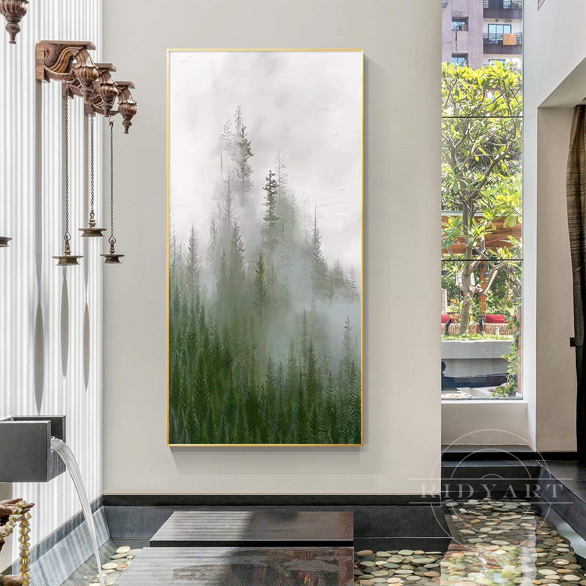 Modern green and gray wall art featuring a serene foggy forest scene