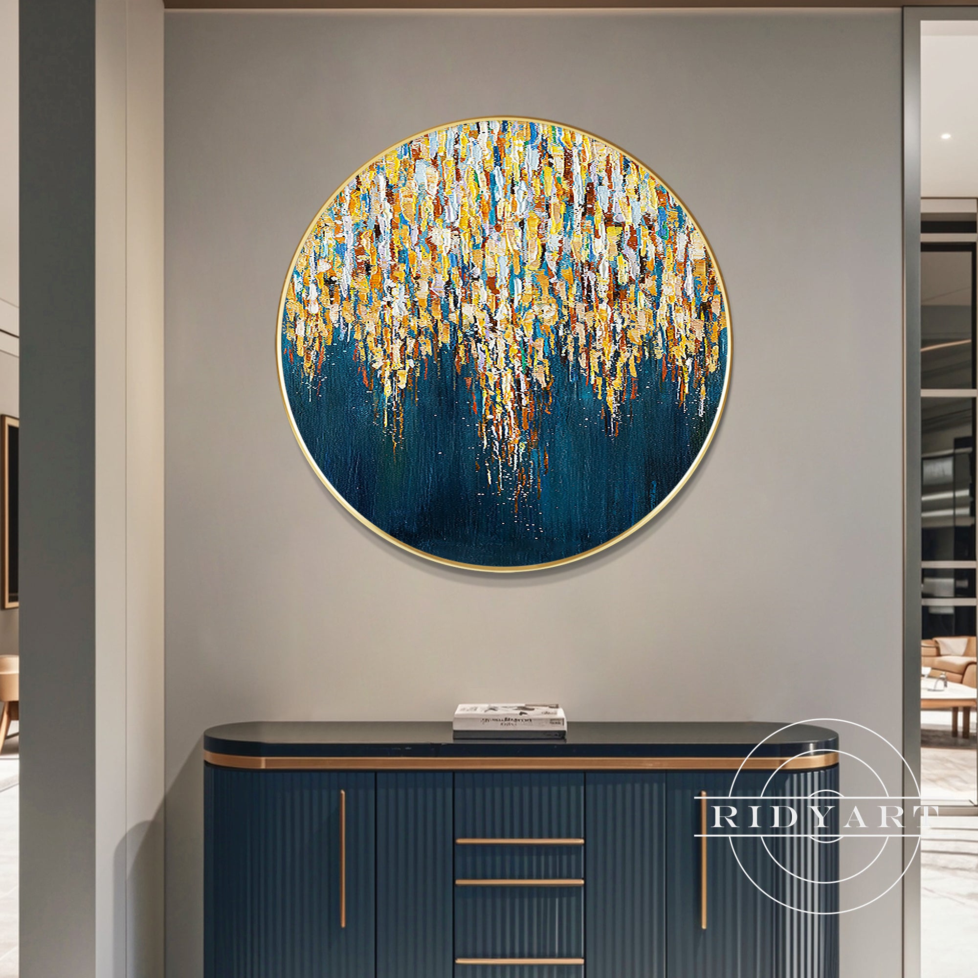 Luxury textured blue and gold acrylic painting on round canvas