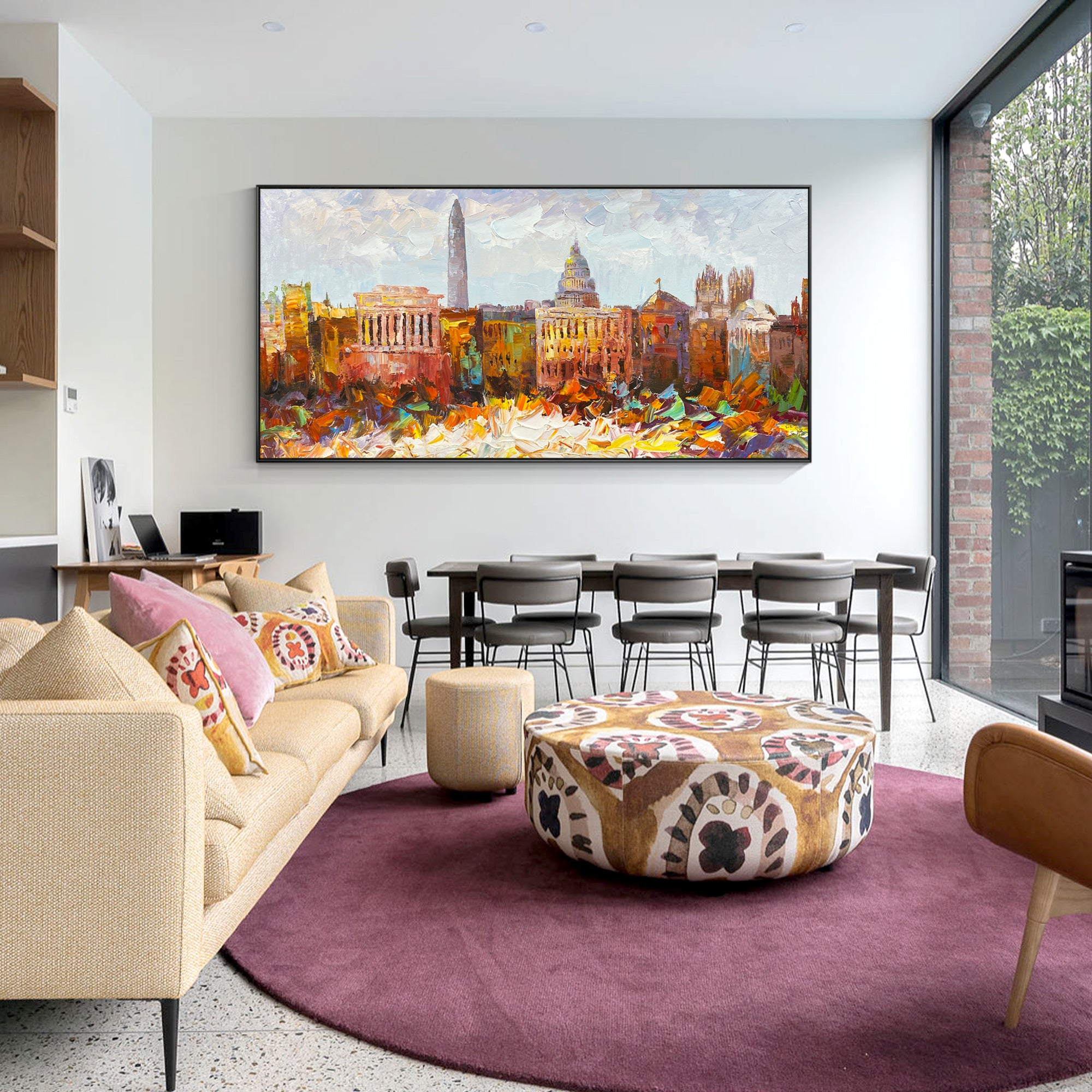 Large framed London skyline painting for modern living room décor