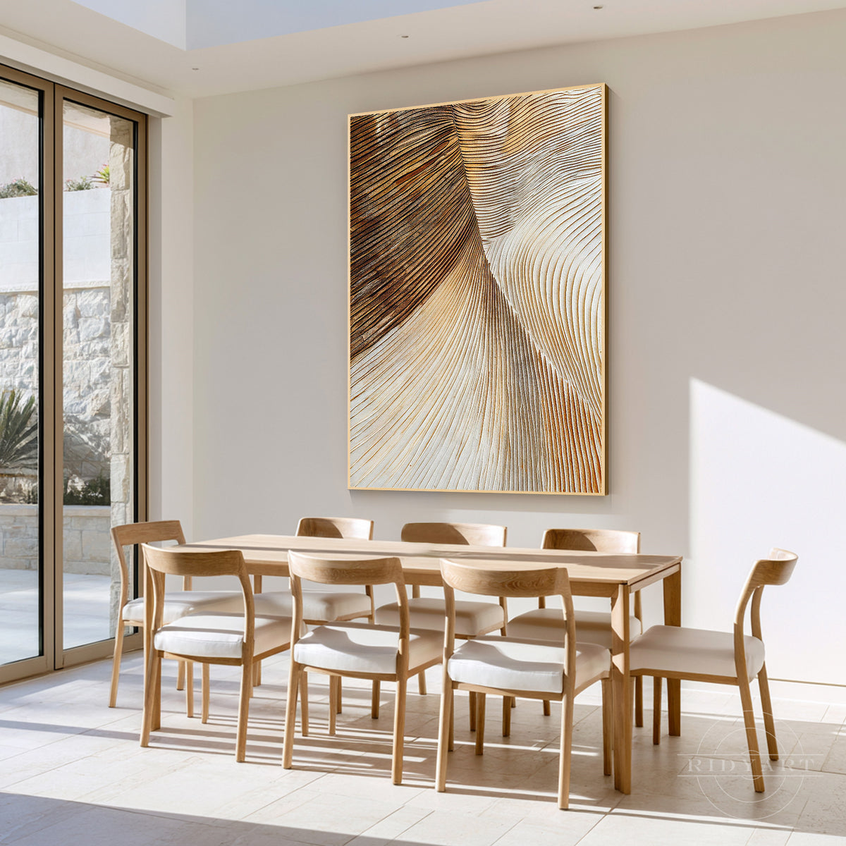 Modern luxury abstract canvas art inspired by leaf veins and feather textures in metallic gold and warm earthy brown tones.
